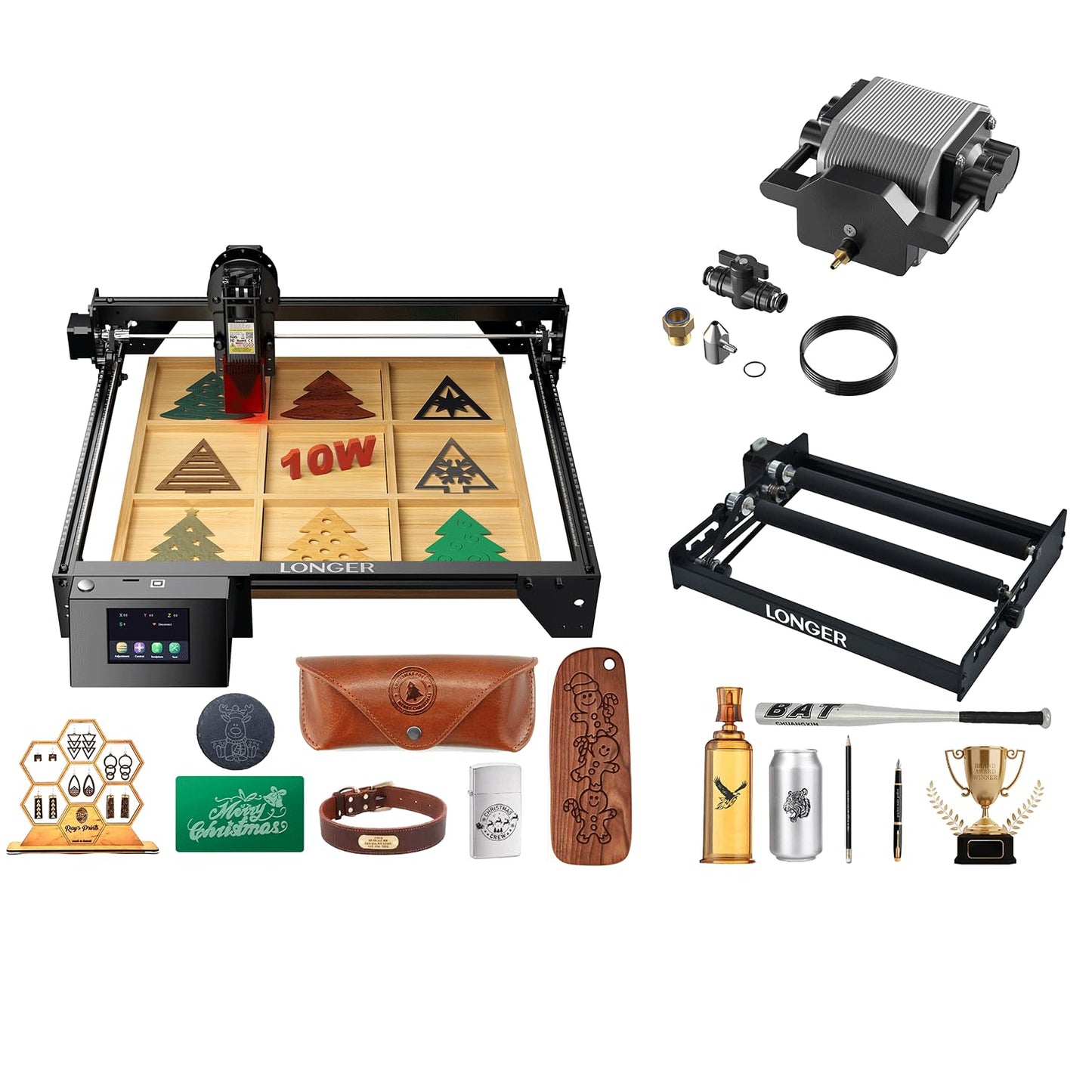 Longer RAY5 10000mW Laser Engraver & Rotary Roller & Air Assist Kit with Air Pump ，Laser Class 4