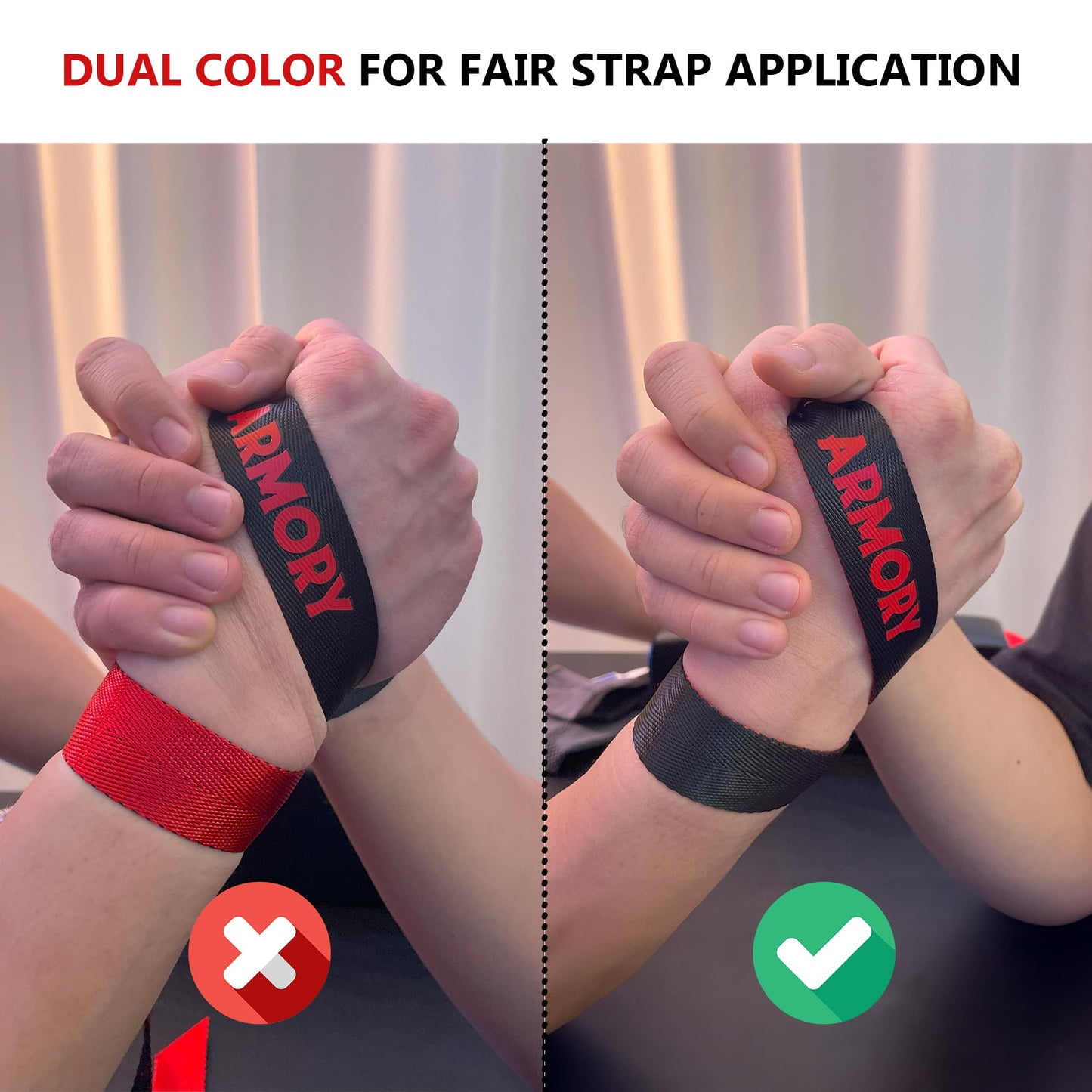 Arm Wrestling Strap Armory | Dual Color for Fair Setup | 45 Inch Long Metal Buckle | Smooth Rock Climbing Premium Grade Nylon | Pronation Supination Hand Forearm Grip Strengthener Belt | Black and Red (1 inch + 1.5 inch)