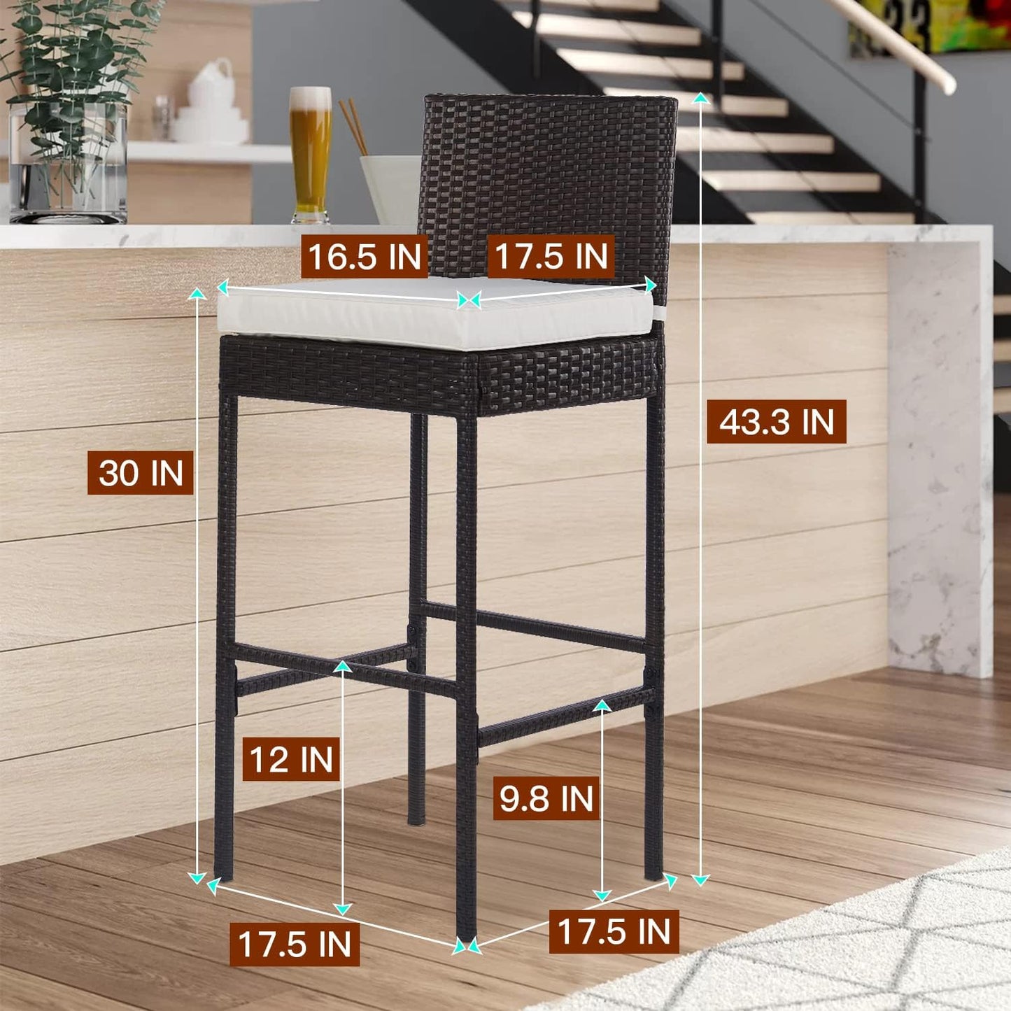 PayLessHere Rattan Bar Stools - Set of 2 Wicker Counter Height Chairs with Backrest & Cushion, Brown