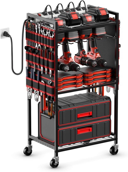 JUNNUJ Power Tool Organizer Cart - Heavy-Duty Rolling Storage with Charging Station & 8 Outlet Power Strip - Red