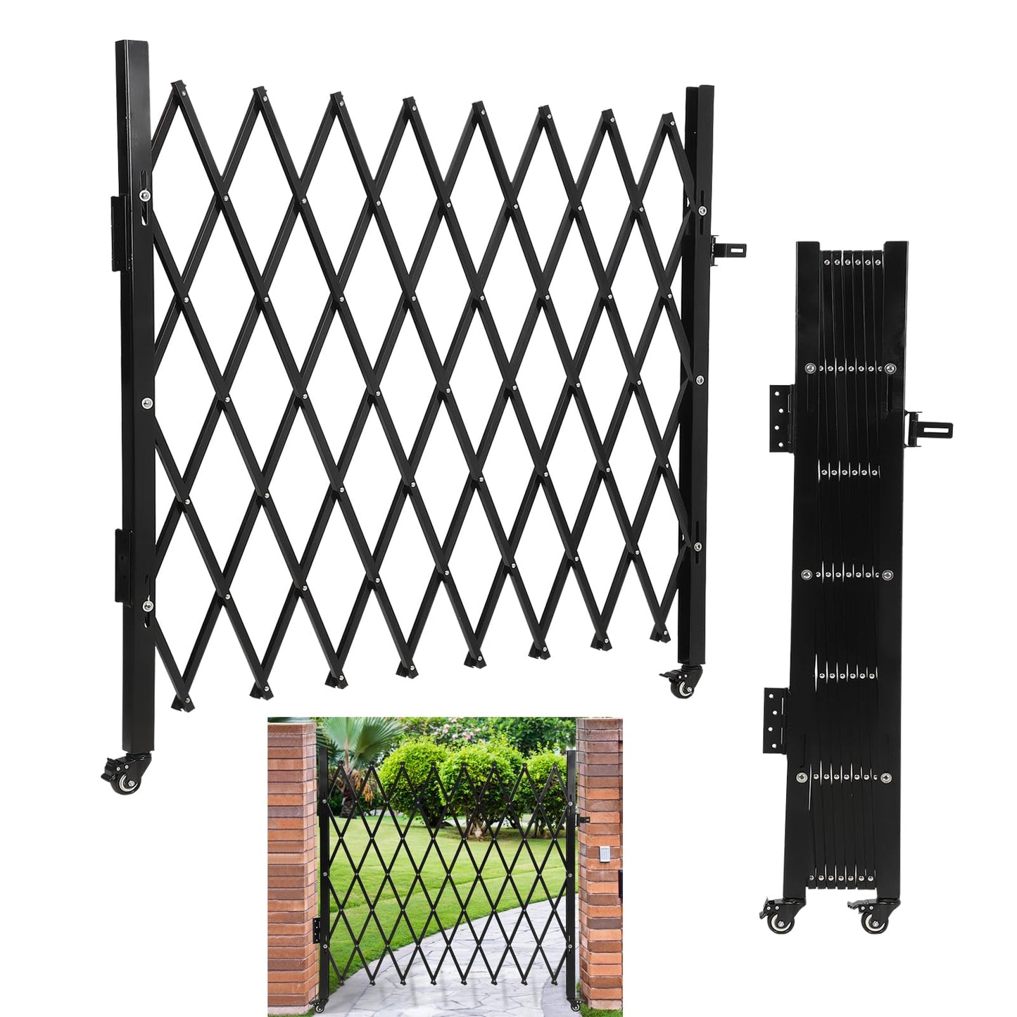 Folding Security Fence Gate with Wheels-50"Hx75"W Heavy Duty Industrial Retractable Scissor Gate Barricade,Steel Expandable Barricade Gates for Fence,Yard and Driveway