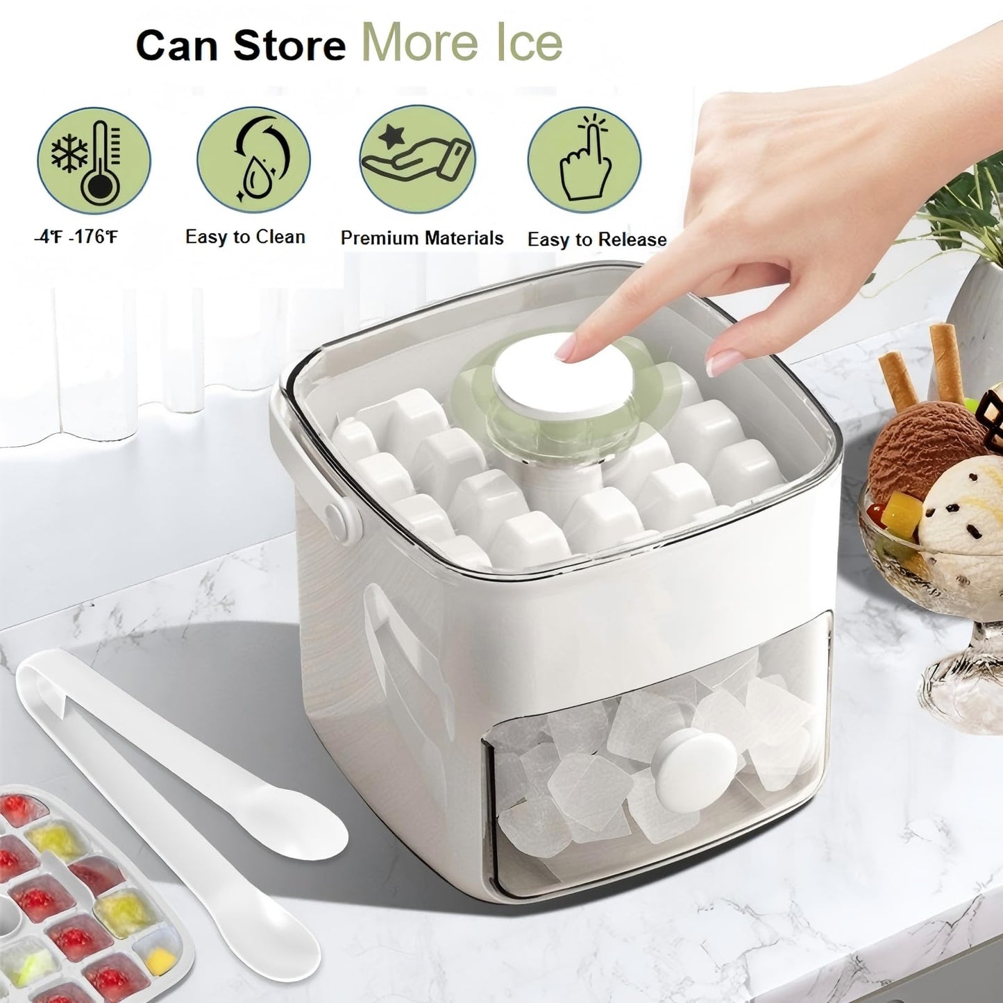 Ice Cube Tray with Lid & Bin Ice Maker Ice Trays for Freezer Ice Container- Reusable Ice Mold for Whiskey, Cocktail, Coffee, Beer Drinks with Ice Trays Ice Tongs (White)