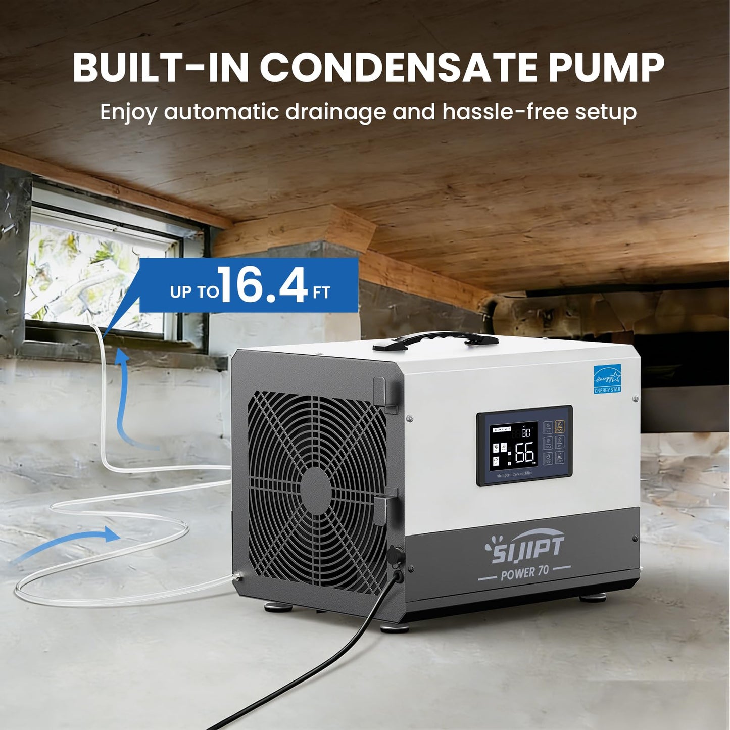 Crawl Space Dehumidifier with Pump, 70 Pints Energy Star Commercial Dehumidifiers for Basement and Home, Compact Dehumidifier for Spaces up to 1000 Sq Ft with Auto Defrost, Memory Starting