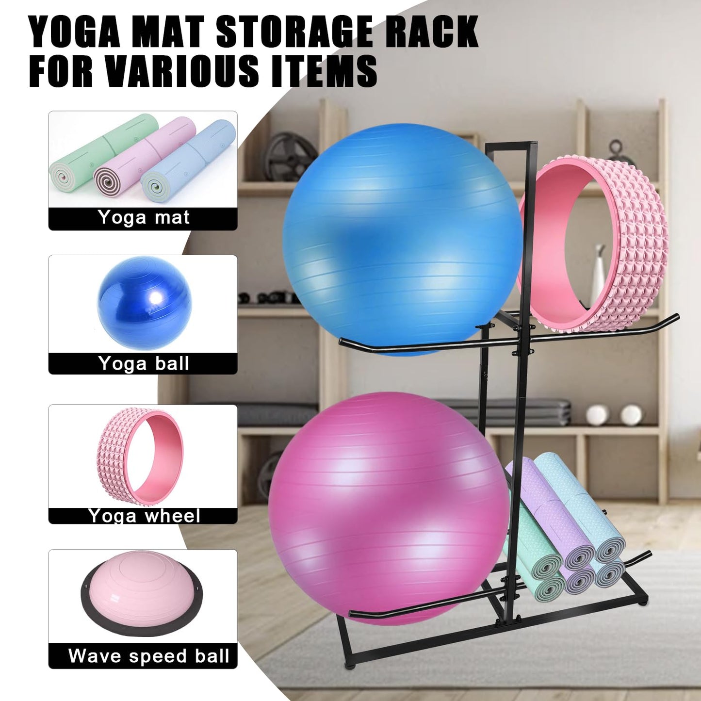 MANNIFEN Exercise Ball Holder,Stability Ball Rack, Exercise Ball and Balance Ball Storage Racks Suitable for Yoga Ball Stability Ball Yoga Mats Home and Commercial Gym ﻿
