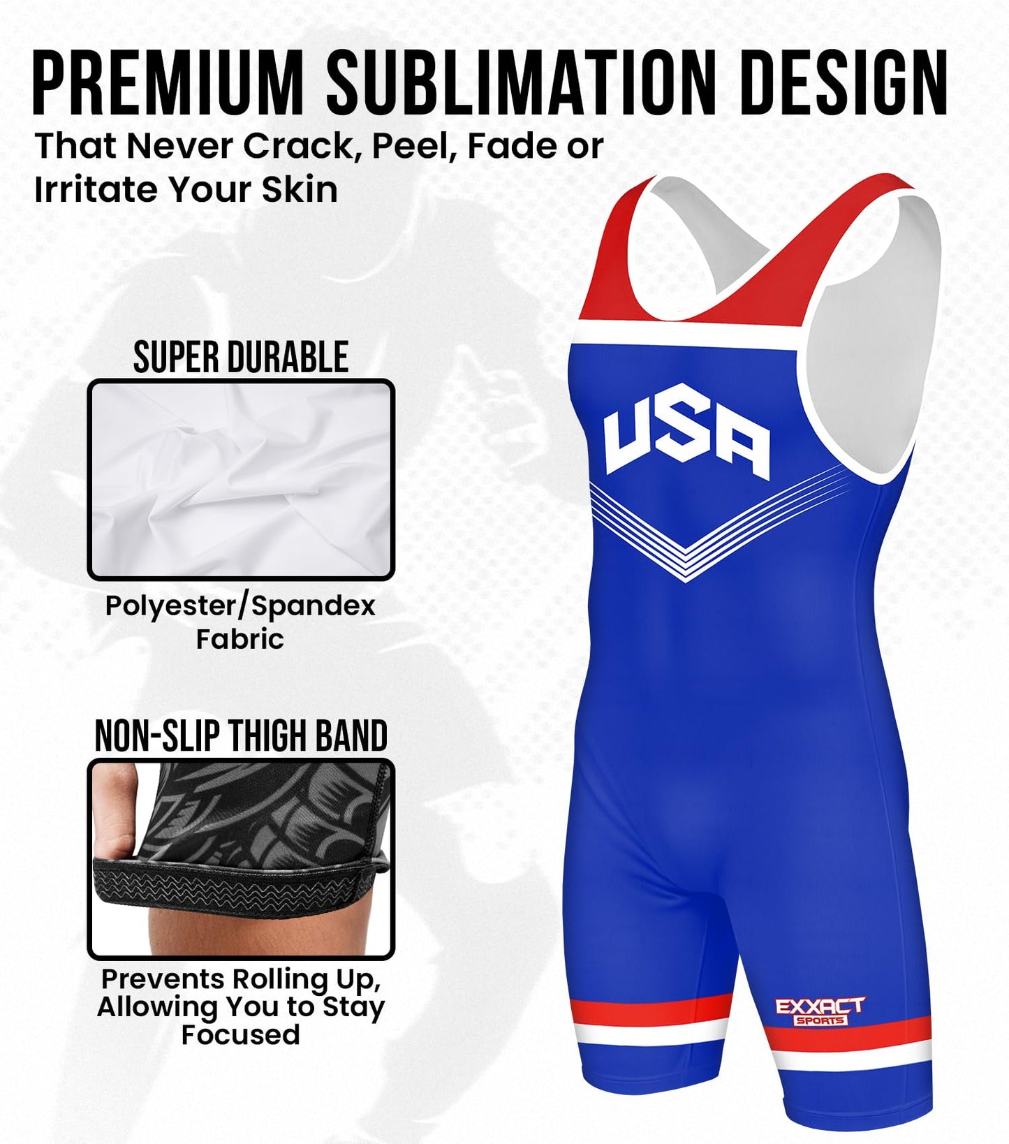 Exxact Sports Sublimated Youth Wrestling Singlet For Boys, Premium Powerlifting Singlet, Kids Wrestling Singlets For Training (YL, Royal Blue USA)