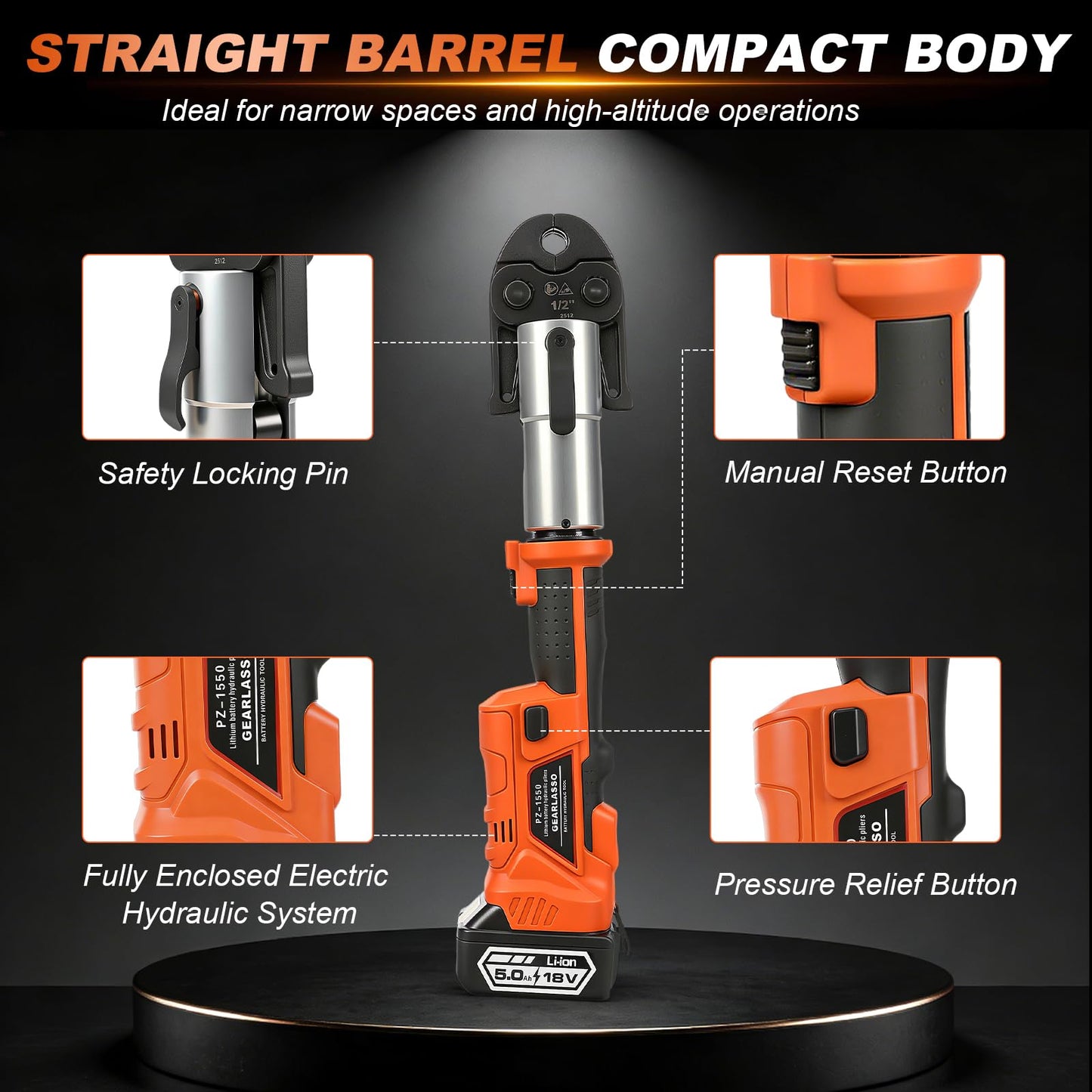 GEARLASSO 18V Brushless Copper Pipe Press Tool Kit for 1/2", 3/4", 1", 1-1/4", 1-1/2", 2", Electric Crimping Tool with 6 Jaws, 2-Pack 5.0Ah Batteries, OLED Display & Bluetooth
