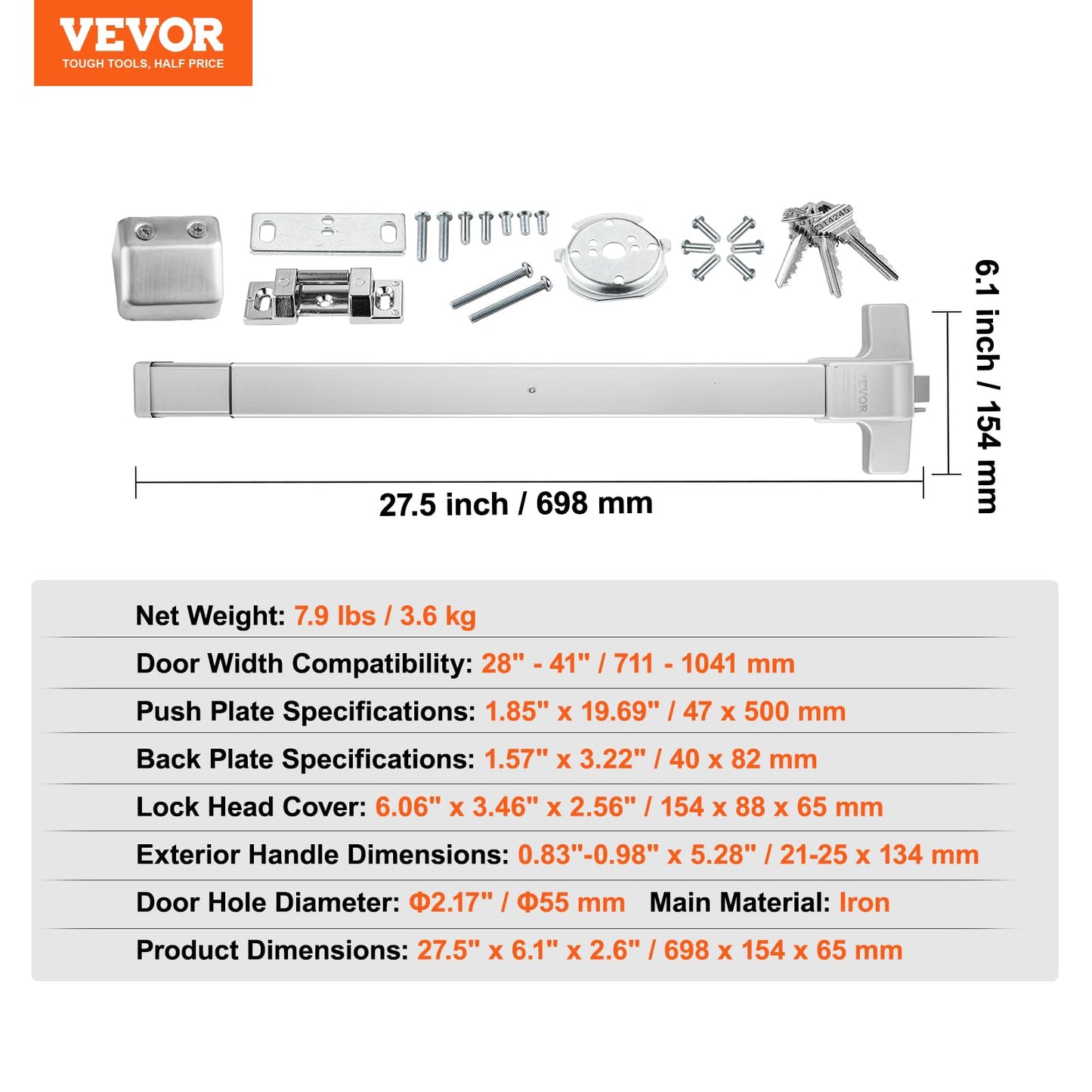 VEVOR Door Push Bar Panic Exit Device, 28” Stainless Steel Commercial Emergency Exit Door Push Bar with Exterior Lever and 3 Keys, Emergency Exit Door Hardware for 28"-41" Metal Wood Door