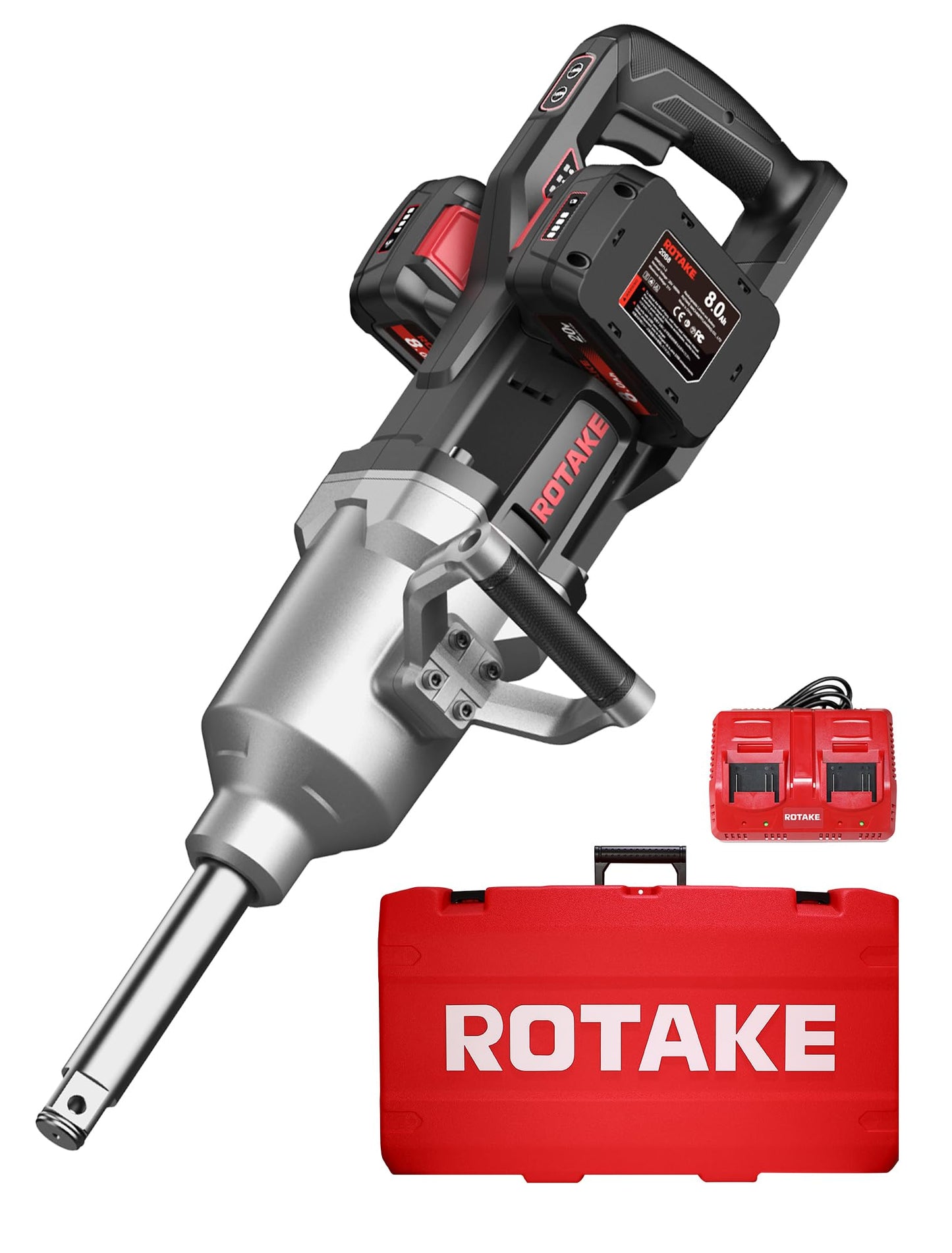 ROTAKE 1" Industrial Cordless Impact Wrench Kit, 2980 FT-LBS Nut-Busting Torque, 6-Inch Extended Reach, 40V Power (via Dual 20V 8.0Ah Batteries), High Torque Impact Gun, Dual-Port Charger, TB9
