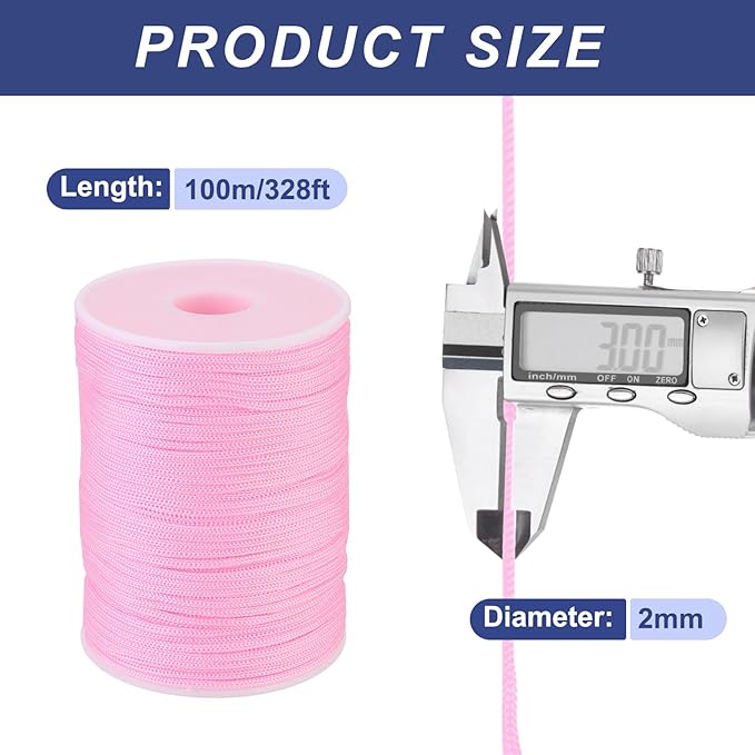 MECCANIXITY 1/12 Inch Polypropylene Rope Braided Ropes, 328ft Nylon Rope Hollow Utility Cord for Clothesline, Camping, Hiking, Outdoor, Light Pink
