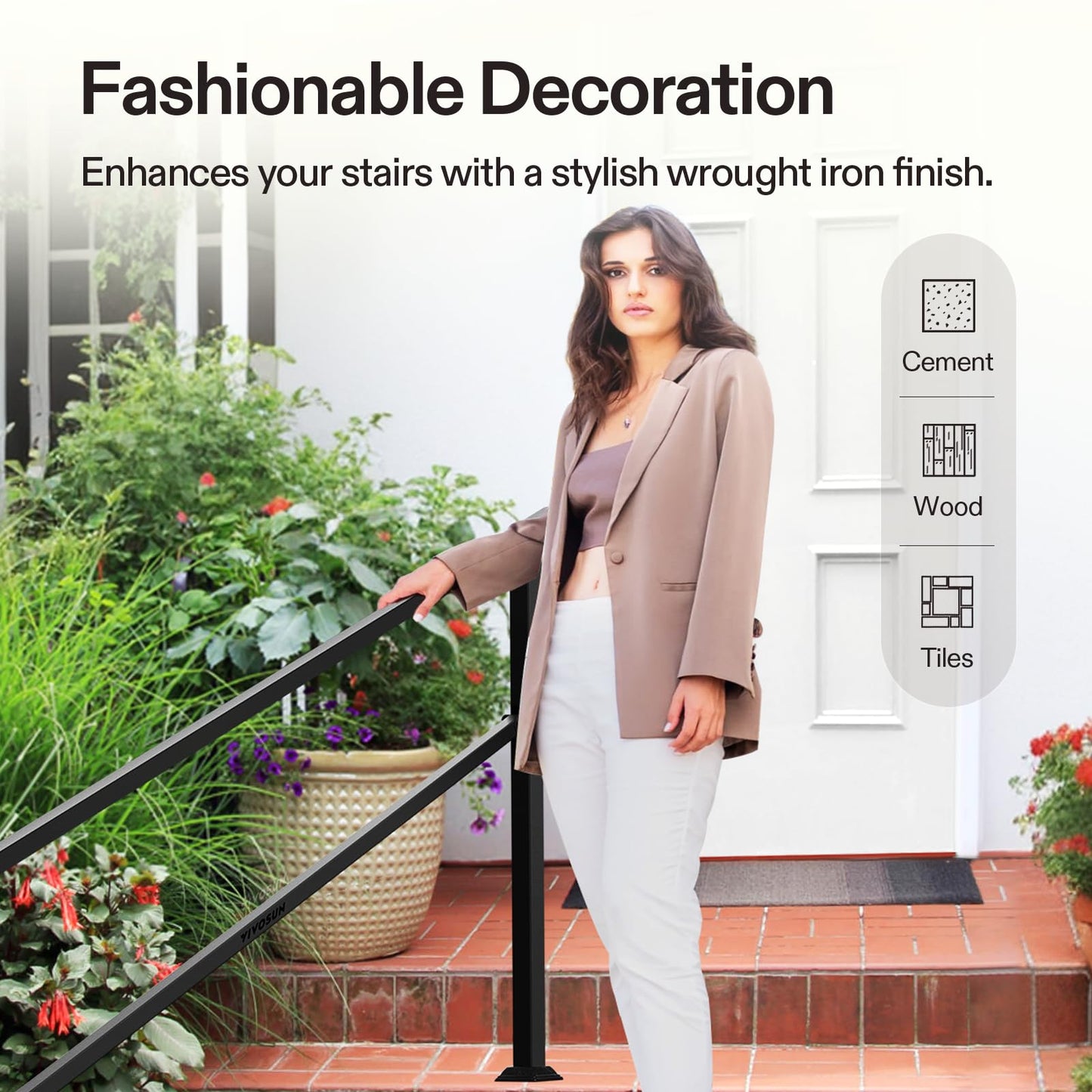 VIVOSUN Outdoor Handrail, 6 Step Stair Handrail, 83" x 36" Fits 1 to 6 Steps, Wrought Mattle Iron Handrail for Concrete Steps, Porch Steps, One-Step Assembly, Black
