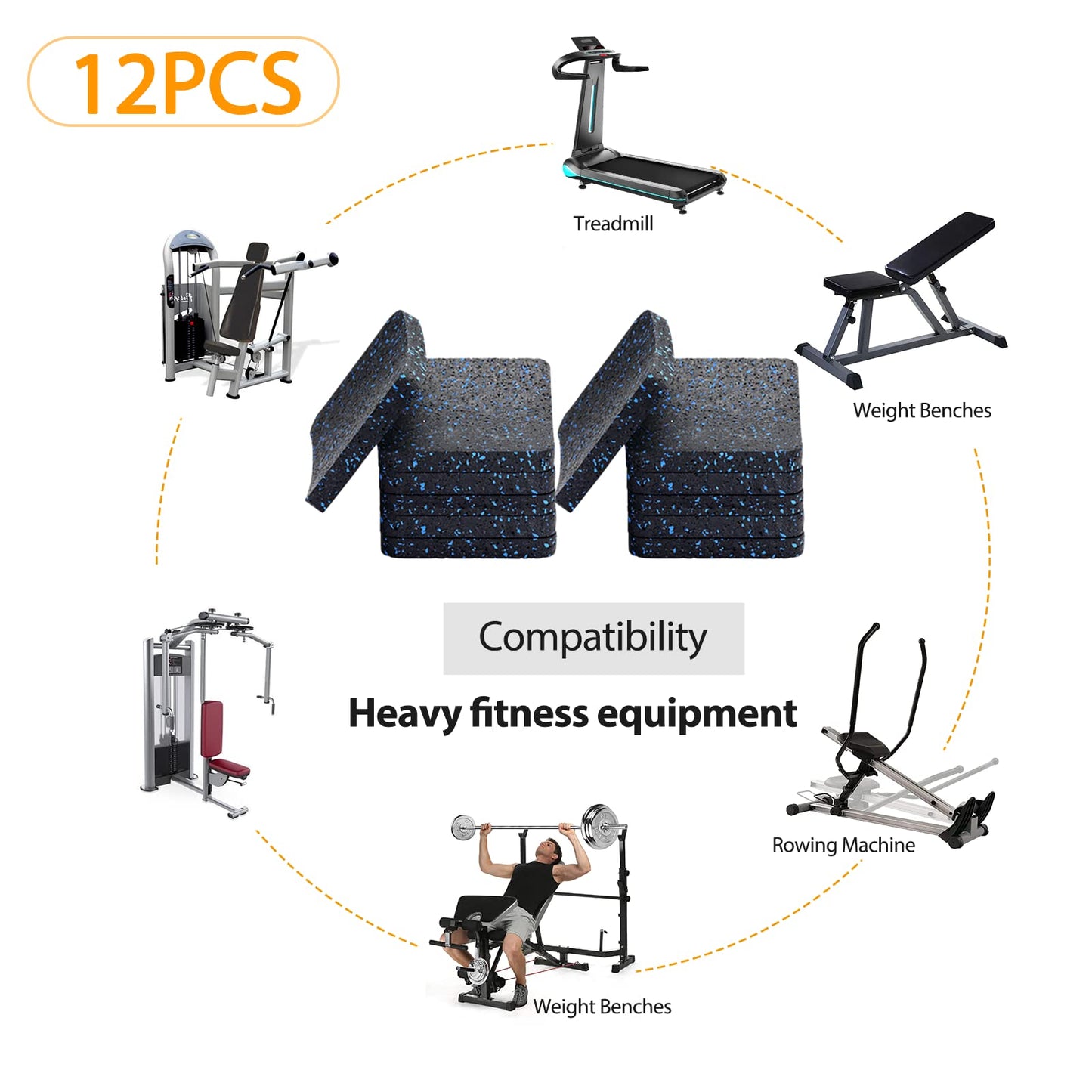 BestXD Treadmill Mat Pads - 12 PCS Bulk Pack High Density Rubber Squares for Multiple Exercise Equipment - Anti-Vibration Noise Dampening Pads for Rower, Stationary Bike, Weight Bench