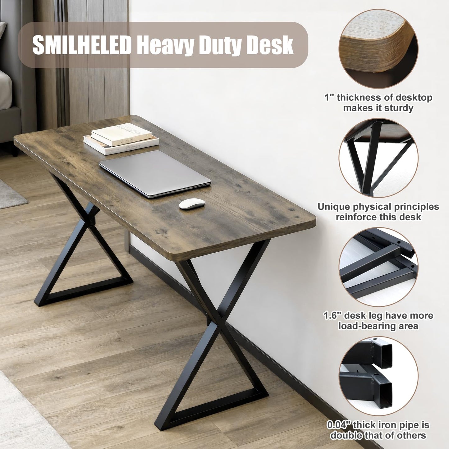 SMILHELTD Heavy Duty Office Desk 47.2" – 800 lbs Capacity, 45 lbs Net Weight Computer Workstation, 1" Thicker Desktop, Strong Metal Frame, No Wobble for Home Office Gaming Vintage Gray