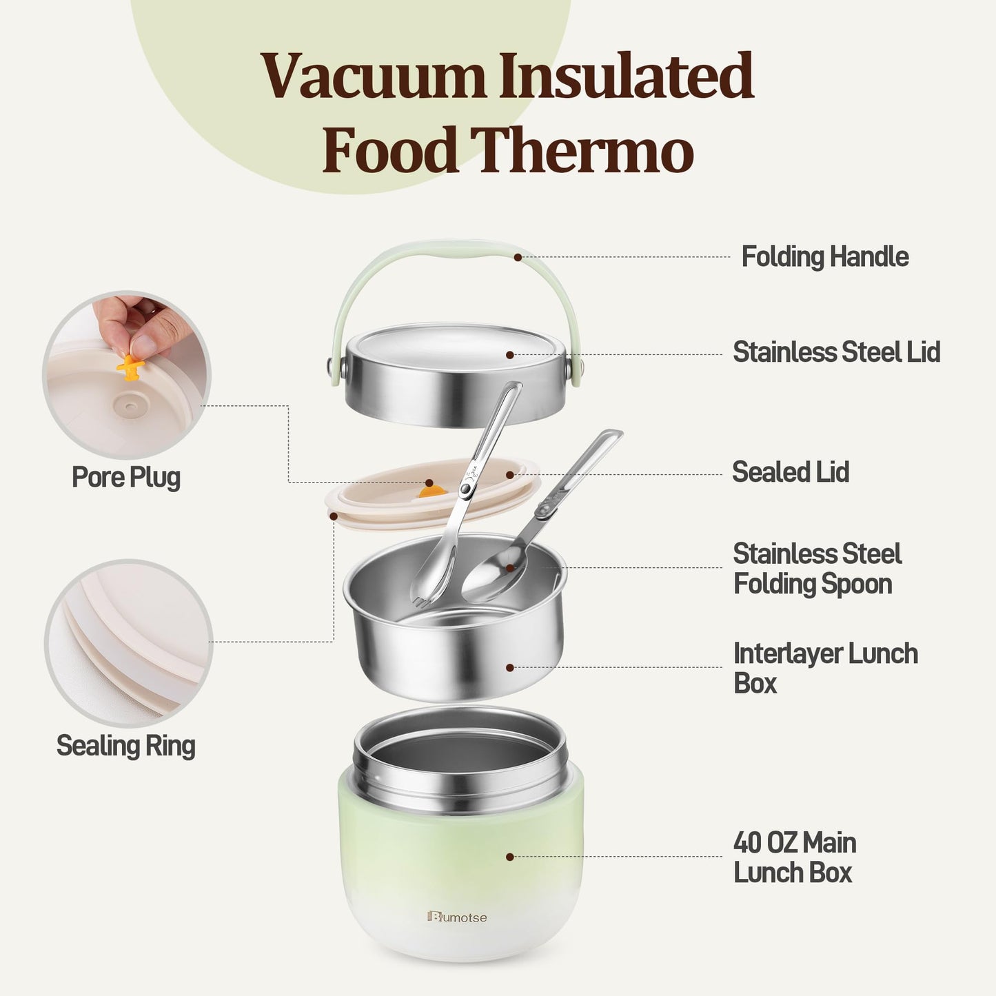 Bumotse 40oz Insulated Food Jar with 2 Compartments, Leak-Proof Thermo for Hot Food Wide Mouth Stainless Steel Includes Spoon and Fork Soup Thermo Lunch Containers Bento Box for Adults（Green