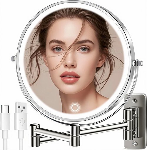 9" Large Wall Mounted Lighted Makeup Mirror, 5000mAh Rechargeable 1X/15X Magnifying Mirror with 3 Color Lights Touch Dimmable, Extended Arm 360° Rotation Bathroom Wall Mounted Makeup Mirror, Nickel