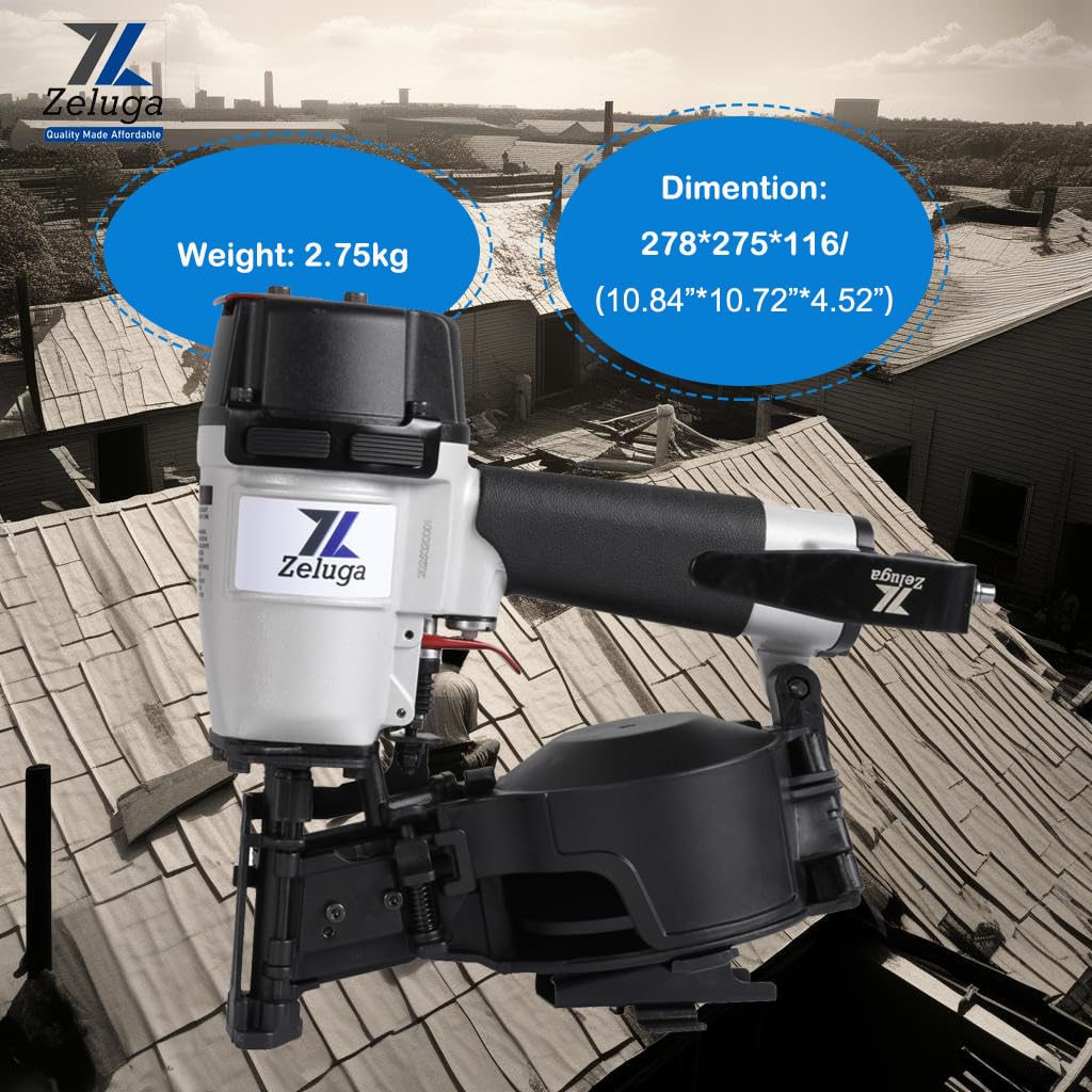 Zeluga 28-145 Pneumatic 15 Degree Coil Roofing Nailer with 120 PCS Load Capacity Coil Nailer Kit with Eye Protection and Repair Kit