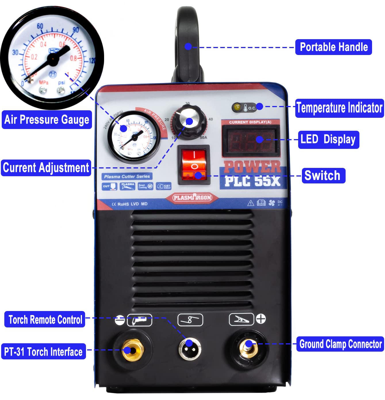 Plasma Cutter 55Amp PLC55 Dual Voltage Plasma Cutting Equipment 110V / 220V, IGBT DC Inverter Portable Air Plasma Cutter Machine 1/2 Inch Clean Cut Intelligent Digital Display (110/220V)