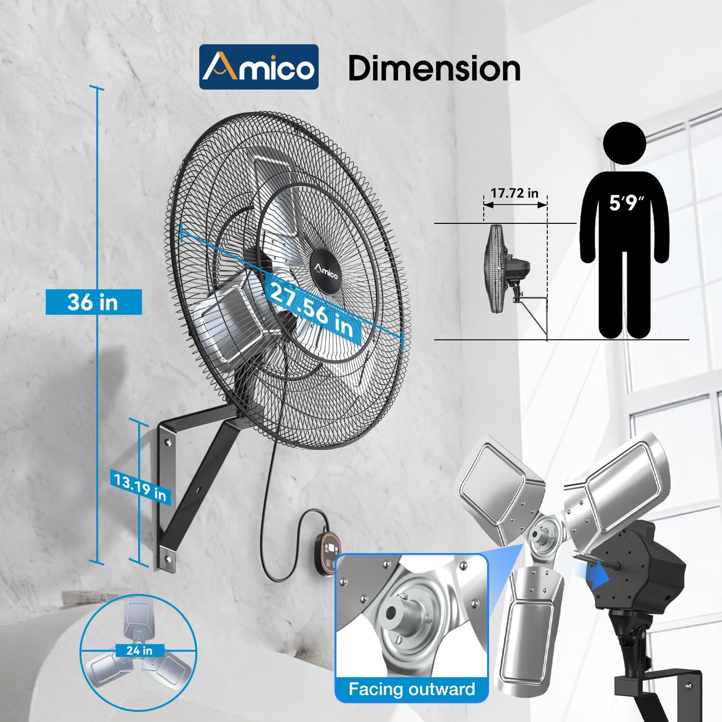 Amico 24 Inch Industrial Wall Mount Fan with Remote Control, DC Motor, 8 Speeds, 8690 CFM High Velocity, Oscillating Shop Fan with Timer for Gym, Patio,Garage, Outdoor