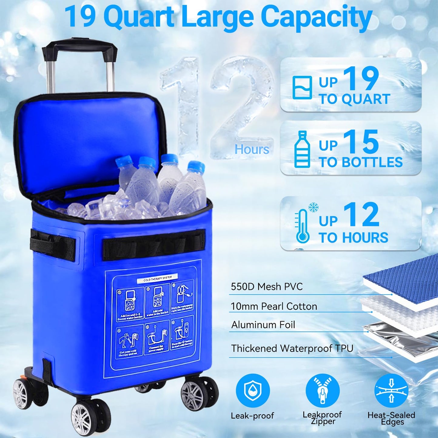 Ice Machine for Knee After Surgery, Cold Therapy Machine for Hip Shoulder Knee Replacement Recovery, Portable Quiet Leak-Proof Knee Ice Machine with Wheels & Universal Pad for Pain Relief and Swelling