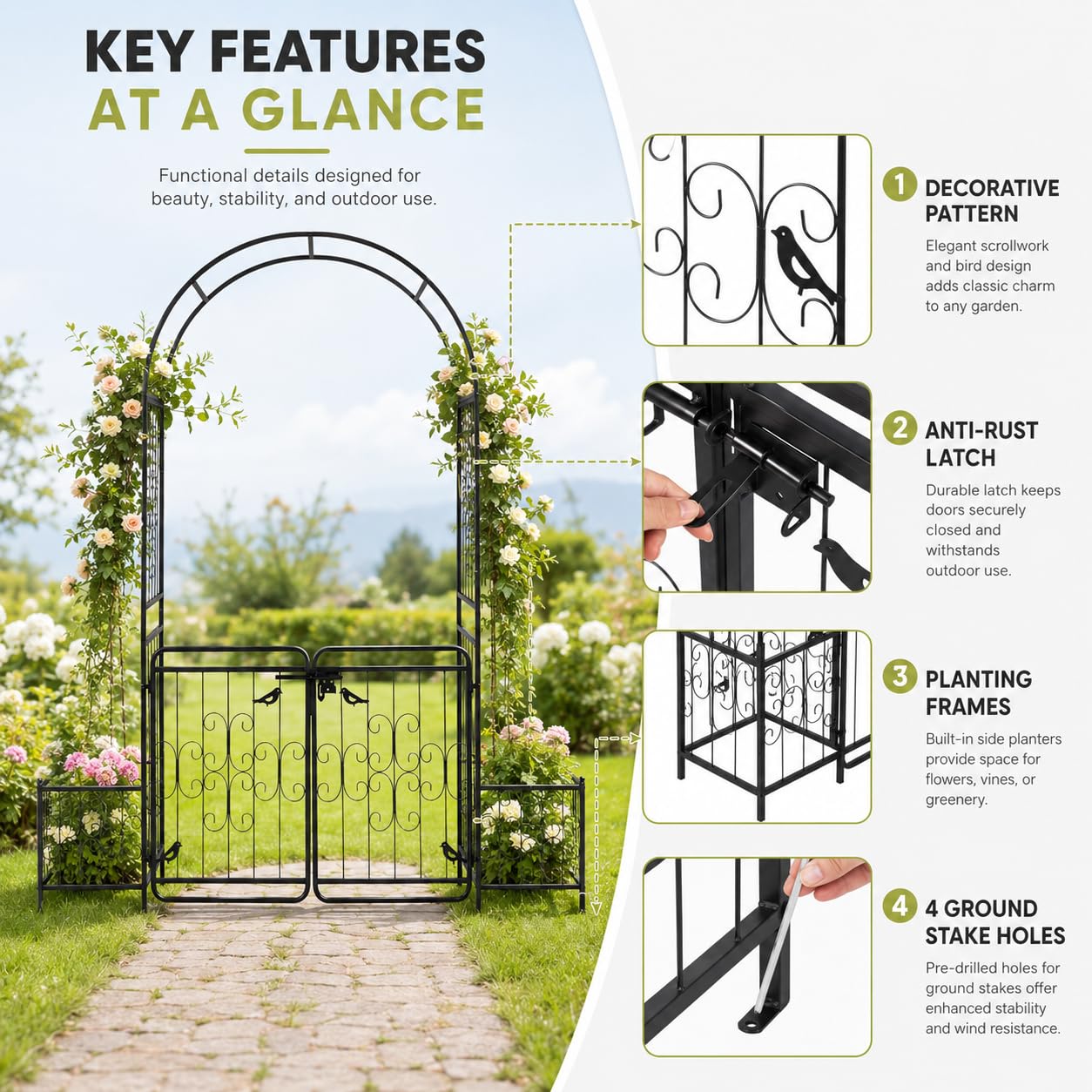 ELOMBR 7.2FT Metal Garden Arch Trellis, Heavy Duty Metal Garden Arbor with Door&Planting Frame for Climbing Plants Outdoor, Double-Layered Trellis Arch for Wedding Ceremony Party, Black, 16mm