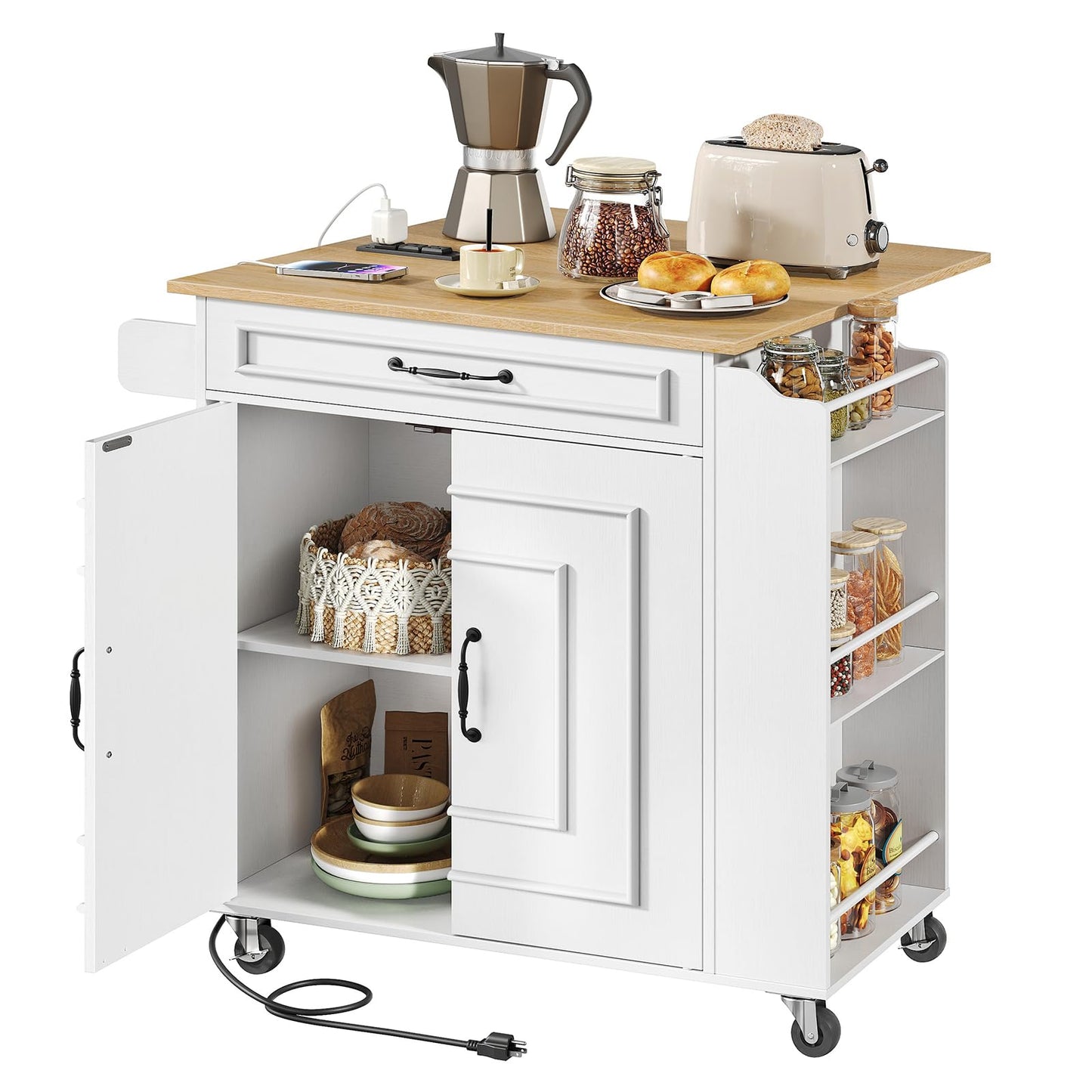 RALGEND Kitchen Island with Power Outlets & Drop Leaf, Rolling Kitchen Cart on Wheels, Kitchen Storage Island with Spice Rack and Drawer, Mobile Island Table for Kitchen, Dinning, White and Natural