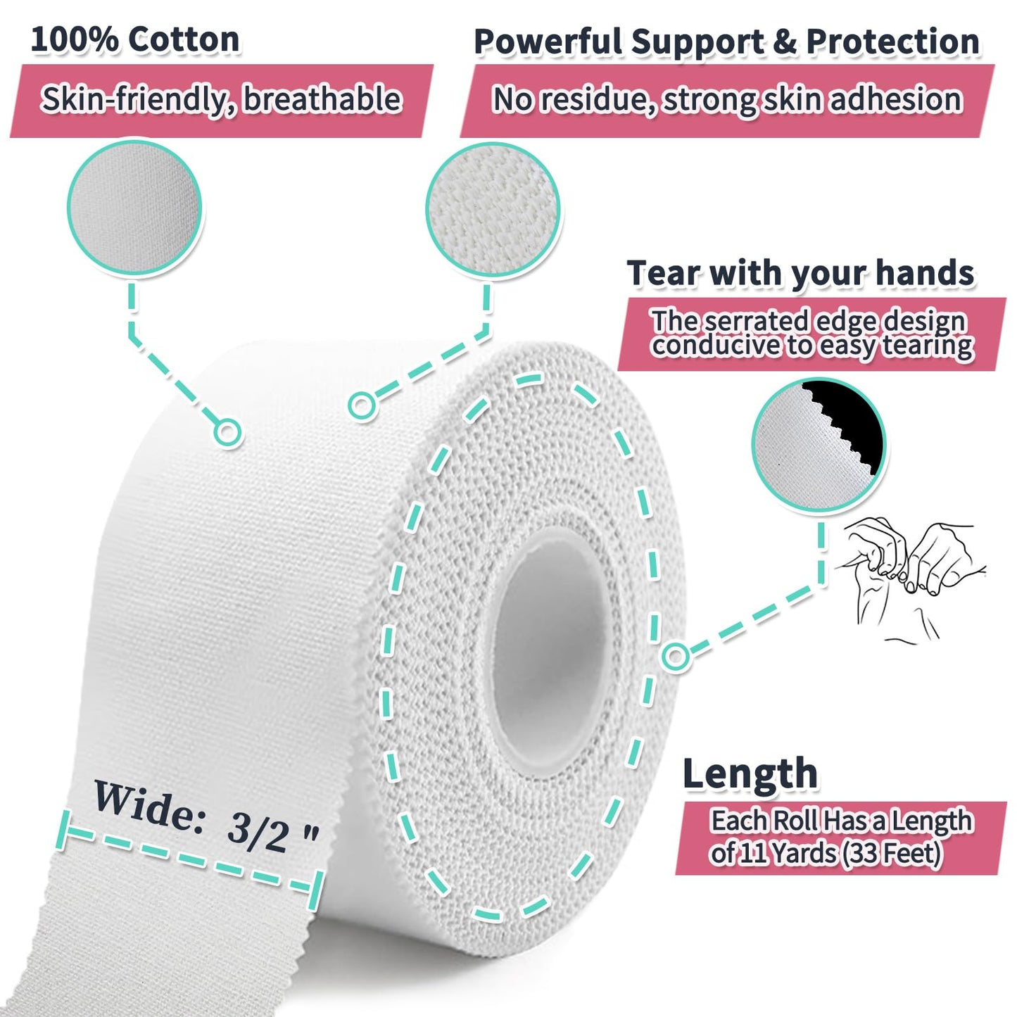 Athletic Tape 2 Pack White Sports Tape Athletic Strong-Breathable-Easy Tear-No Sticky Residue Wrist Ankle Tape for Lacrosse Boxing Gymnastics Climbing Soccer Hockey Bat Injuries Medical