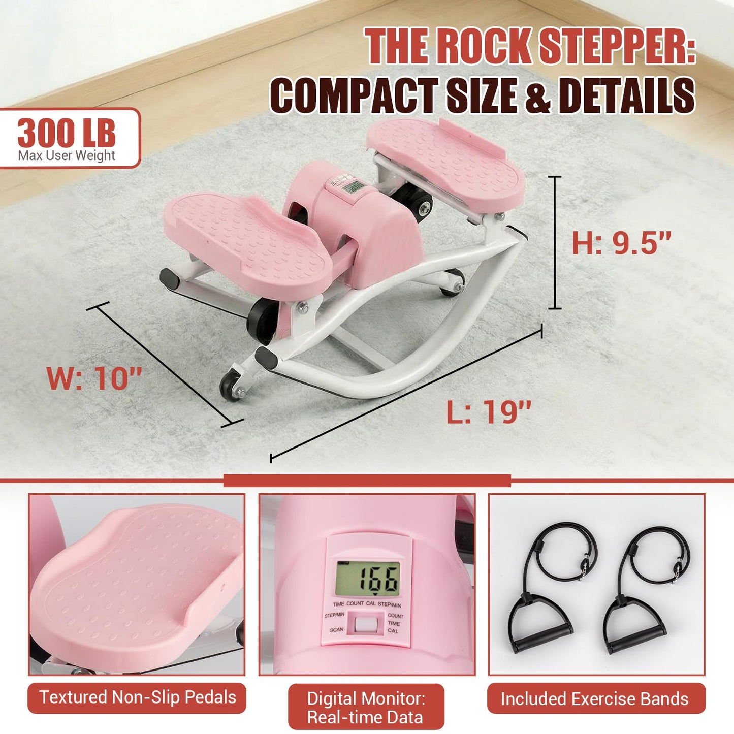 Rock Stepper for Exercise at Home, Rocking Stepper Side to Side with Resistance Bands & Digital Display, 300 LBS Capacity Full Body Workout Low-Impact Knee-Friendly Anti-Slip Side Stepper