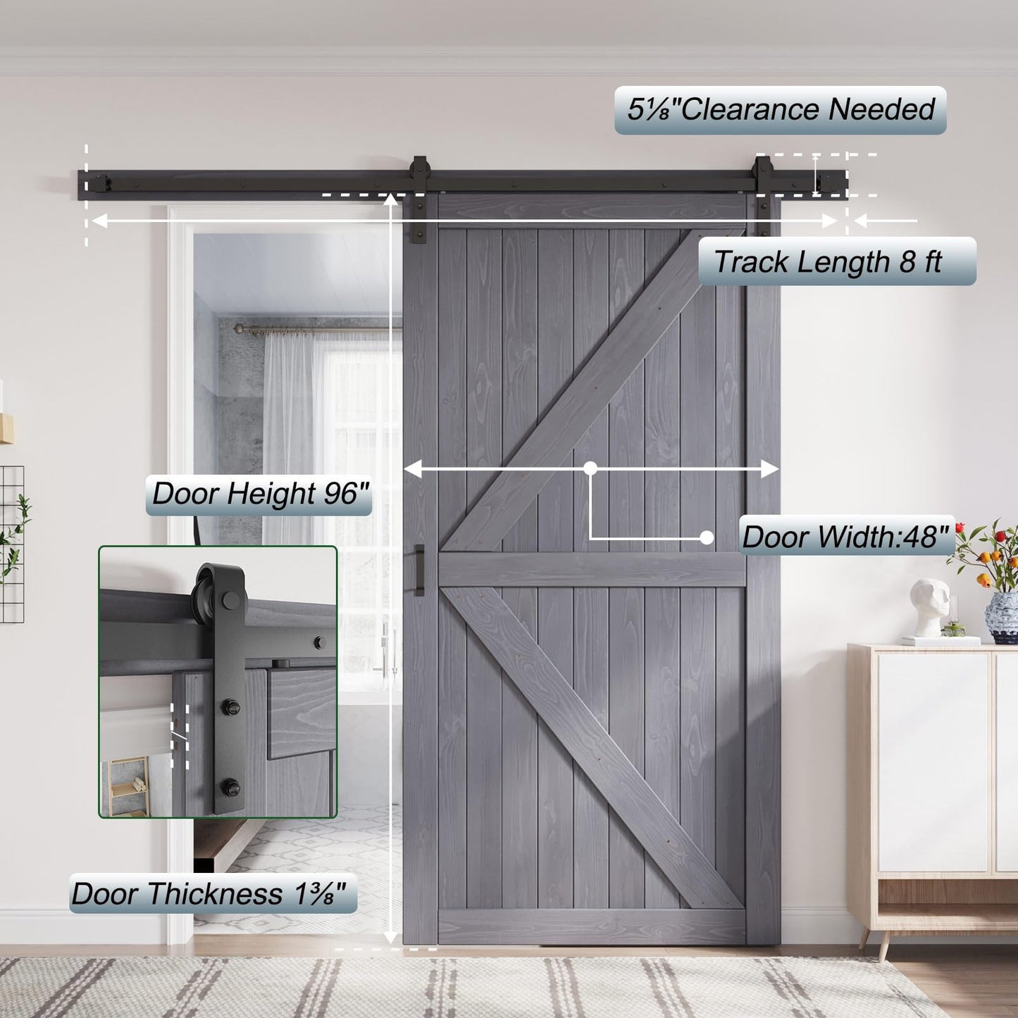 FREDBECK 48in x 96in Gray Wood Barn Door Slab with 8ft (96inch) Barn Door Hardware Track Kit Included, Double Surfaces,Simple Assembly is Required,K-Frame,Grey