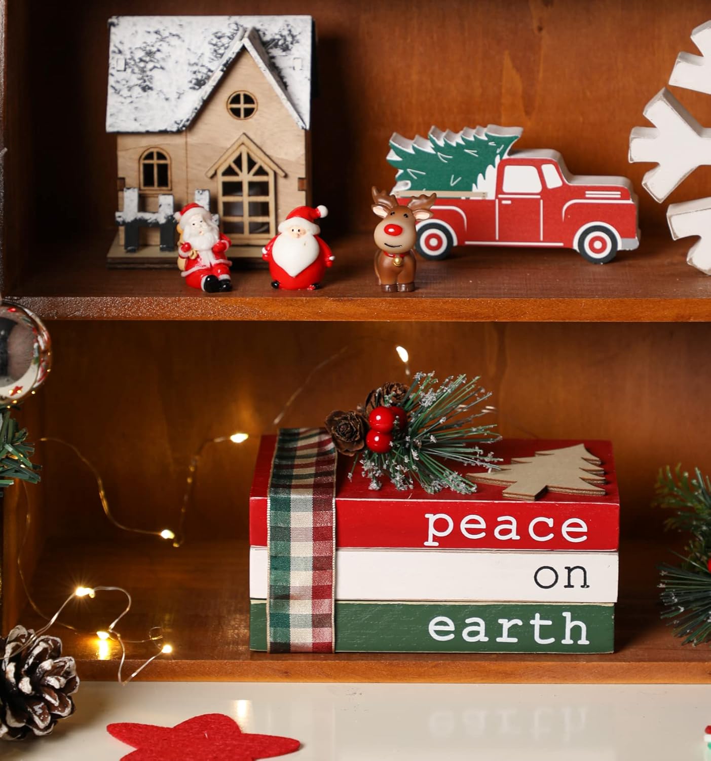 Regine Switzerland Christmas Wood Book Stack - Mini Faux Decorative Books with Pine Berry | Farmhouse Tiered Tray Decor