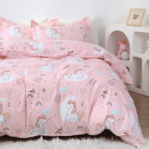 JSD Pink Unicorn Kids Duvet Cover Set Twin Size, 2 Piece Girls Print Microfiber Comforter Cover with Pillow Sham Zipper Closure, Comforter Not Included