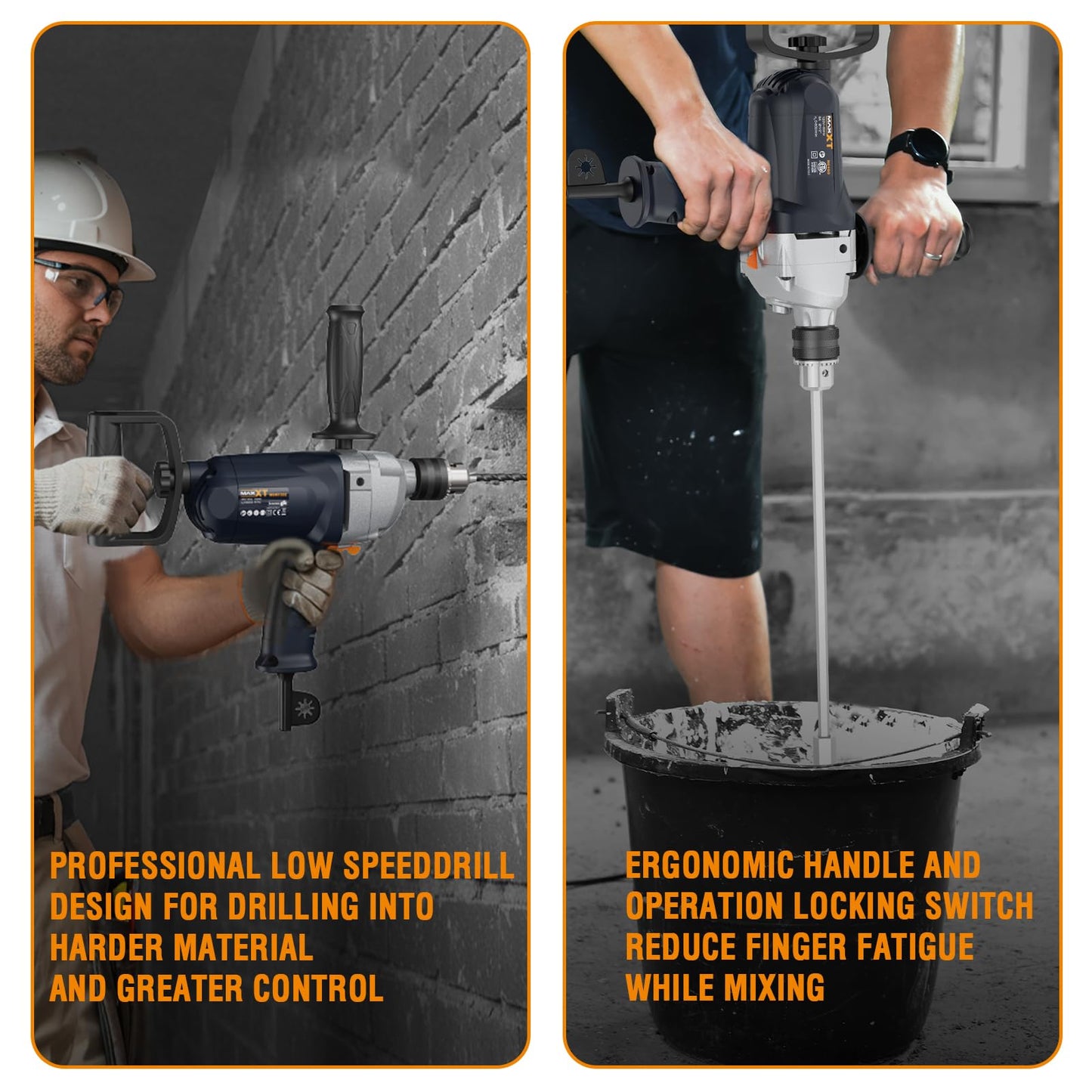 MAXXT Drill Mixer Set with Spade Handle 1/2 inch Electric Corded Mixing Drill Machine 9A Motor Concrete Mud Mixer