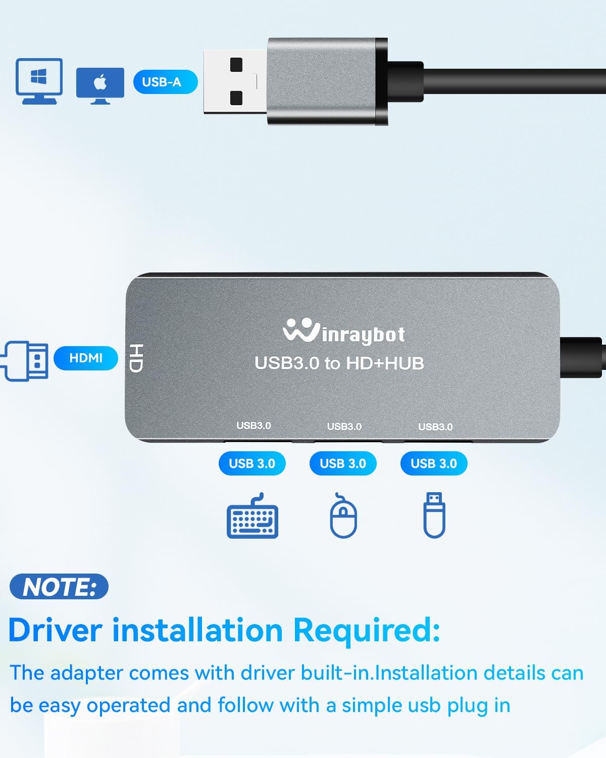 WinRaybot 1080P@60Hz 3 3.0 USB Hub with HDMI Extended Monitor Display with Port USB Hub,Mirror & Extend Display Mode