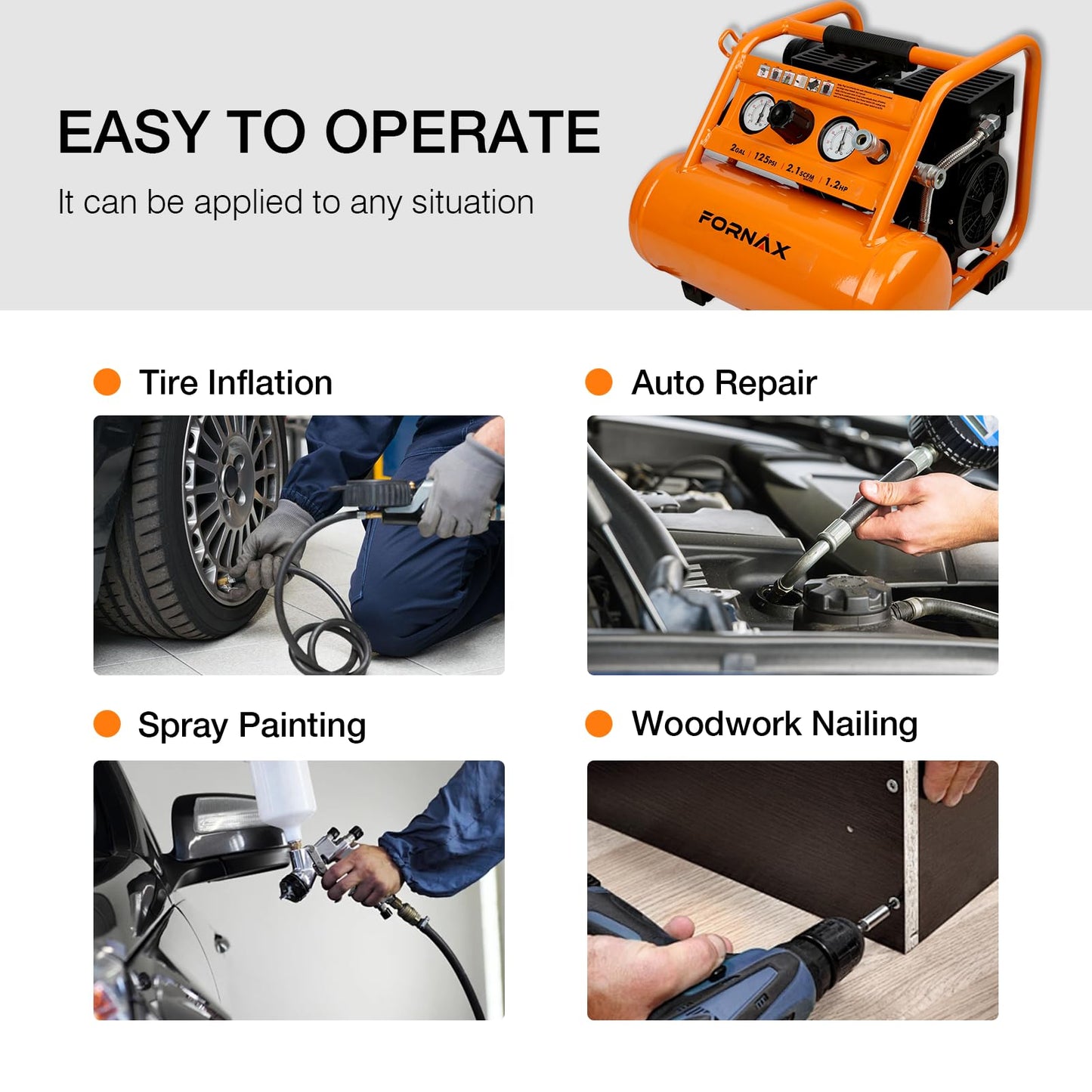 FORNAX Air Compressor Portable 2 Gallon, 1.2 HP 2.1 SCFM@ 90 PSI Oil Free, Max Pressure 135 PSI, 65 dB Silent Air Compressor for Auto Repair, Tire Inflation, Airbrushing, Nailing