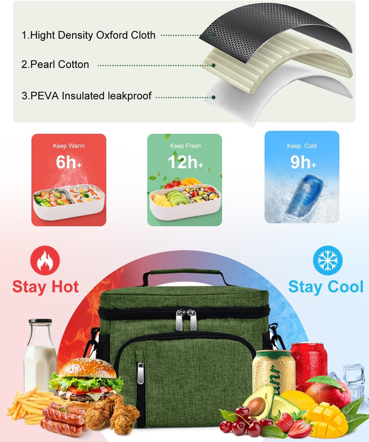 Skiennix Insulated Lunch Bag - 9L Leakproof Soft Cooler Tote with 5 Pockets | Adjustable Strap - Green