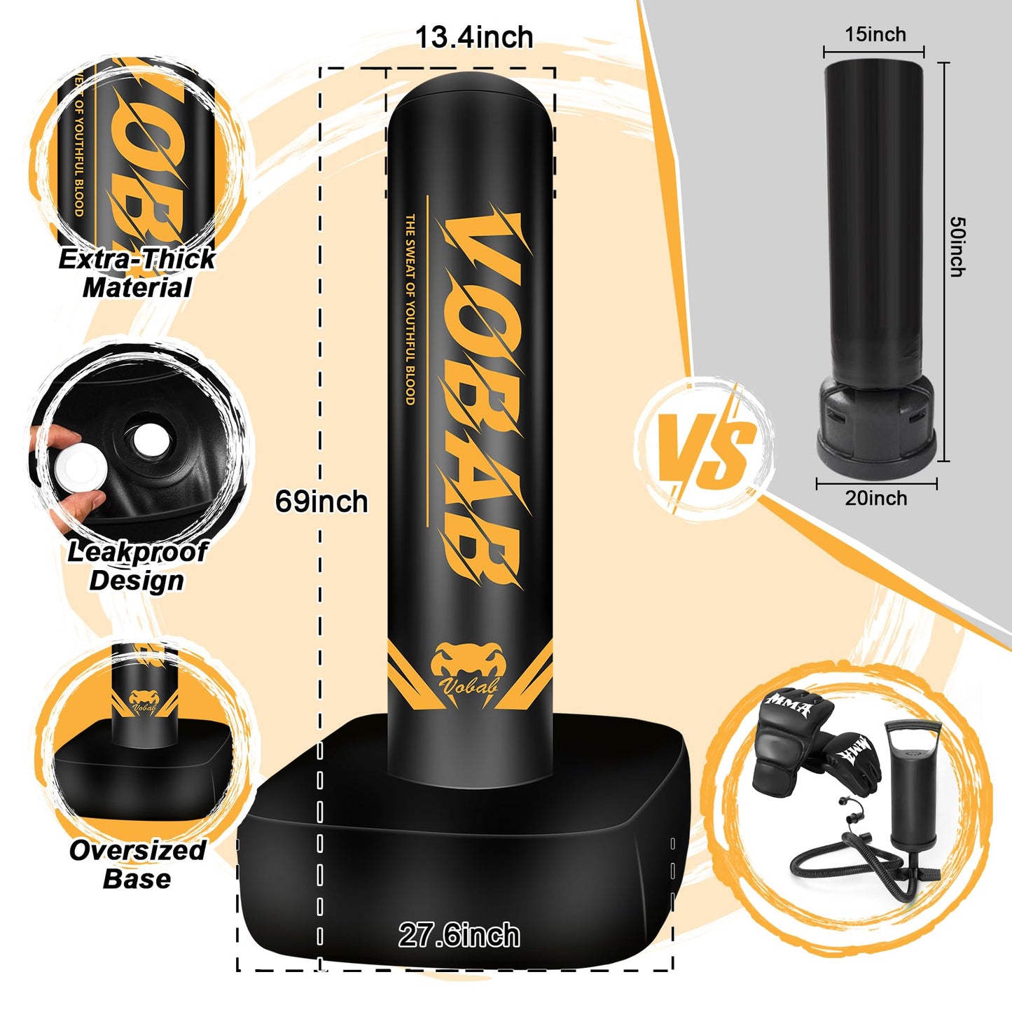 Standing Boxing Bag for Adult, 70" Freestanding Punching Bag with Boxing Gloves and Manual Air Pump for Beginners Kickboxing for Training MMA Muay Thai Fitness