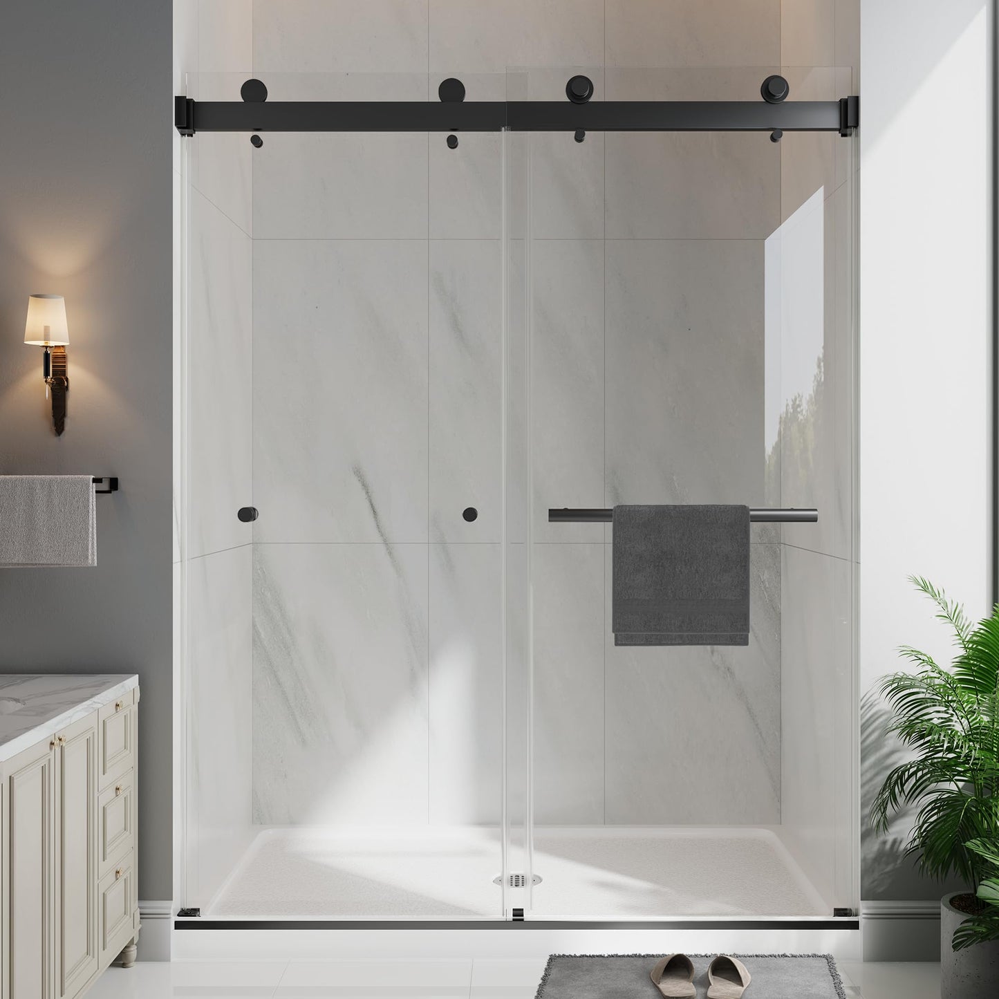 EASYWORC Frameless Double Sliding Shower Doors, 49-54" W x 76" H Shower Glass Door, 1/4" (6mm) Thick ANSI Certified Tempered Glass with Explosion-Proof Film and Nano Coating, Matte Black