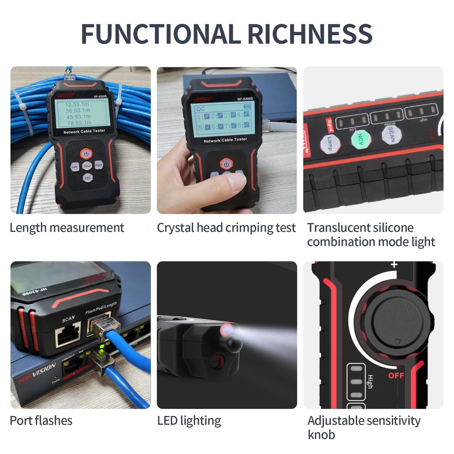 NOYAFA NF-8209S Network Cable Tester, Ethernet Cable Tester with CAT5, CAT6 Line Tracer, PoE, NCV, Length Test, Port Flashing, Fault Line Scan for Cable Grooming, LAN Network Cable Tracer Kit