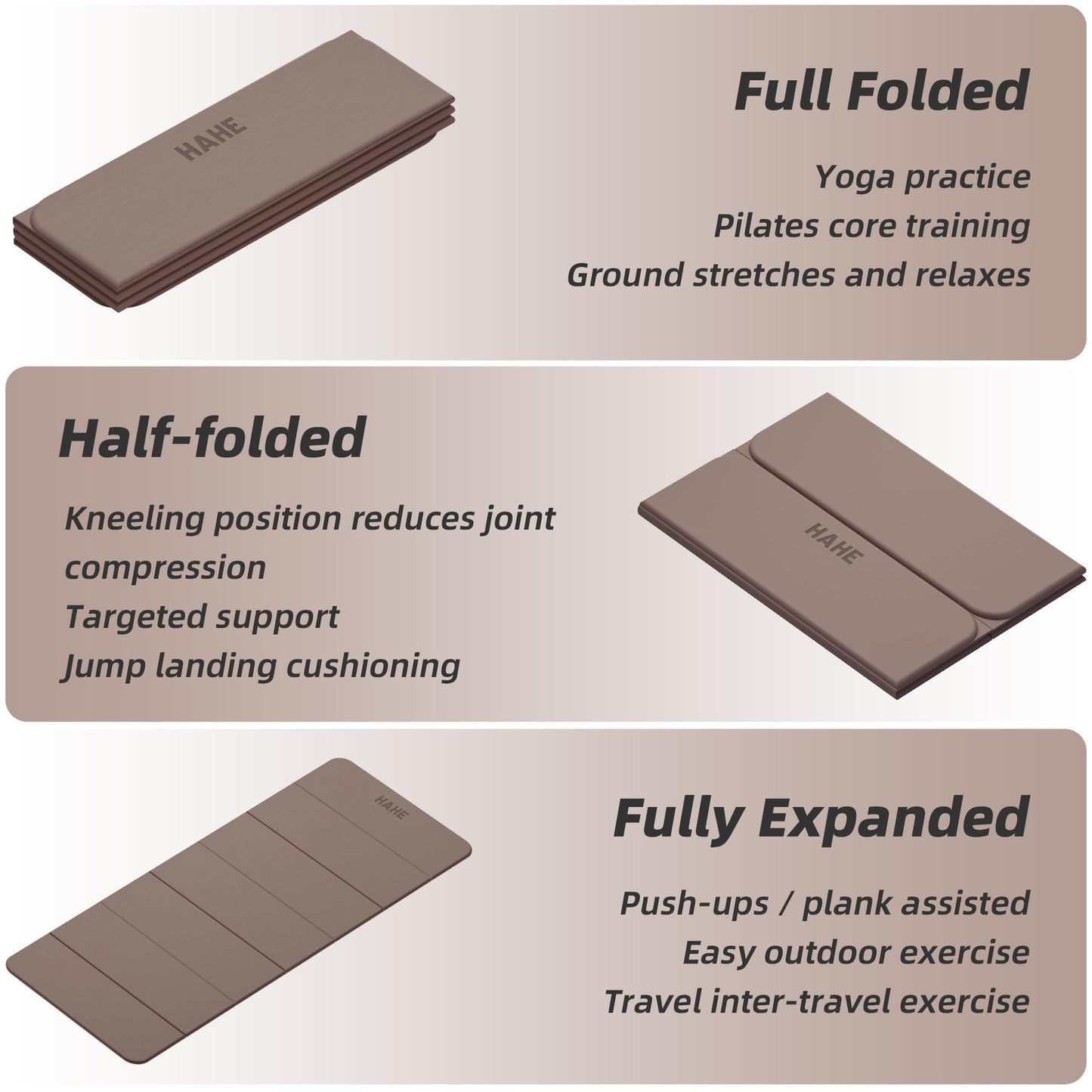 Foldable Yoga Mat,74"Lx32"Wx1/3"Thick,Folding Exercise Mat,Non-slip Wide Pilates Mats for Home Workout/Travel, Portable Yoga Mat Thick for Yoga/Pilates/Camping/Floor Exercises (Brown)