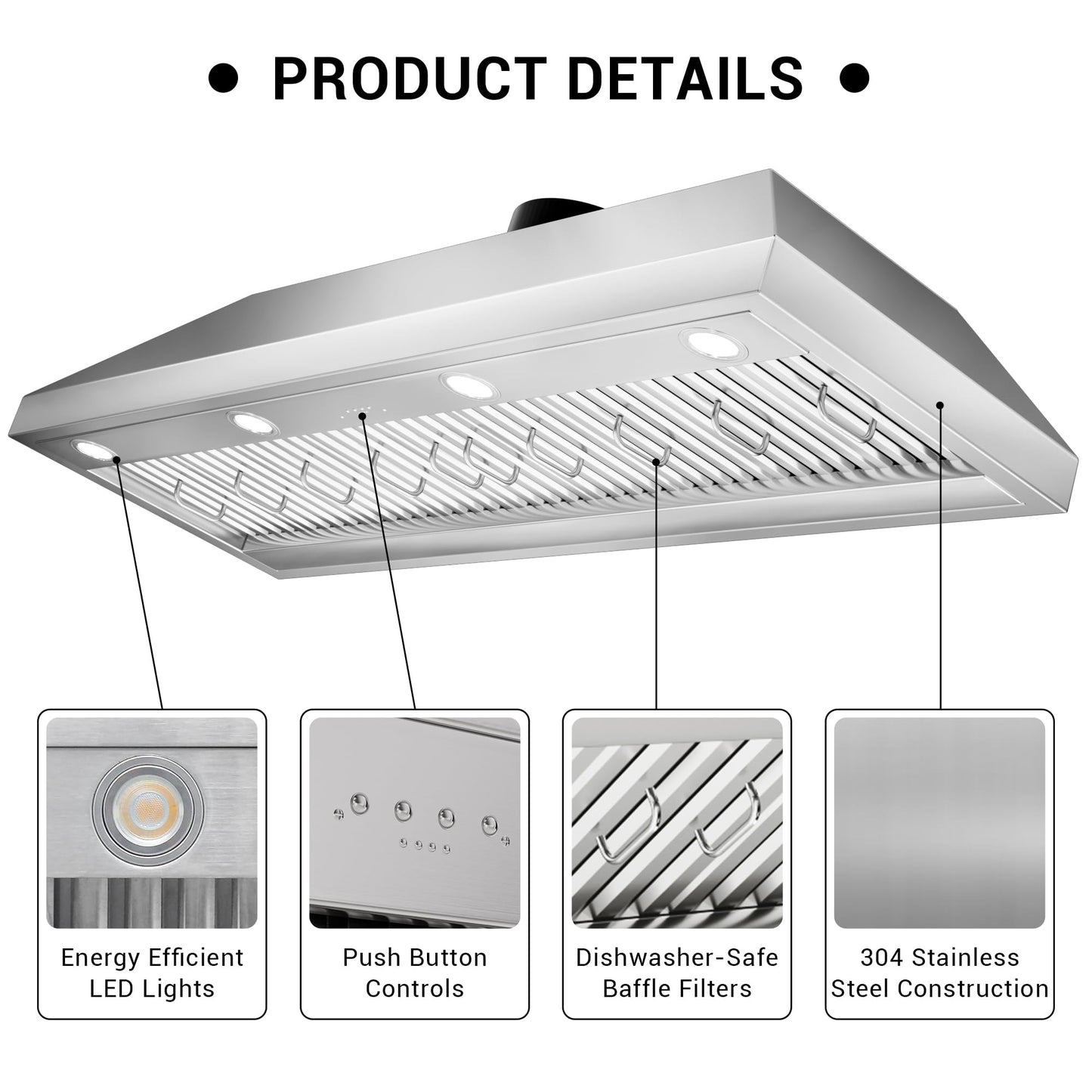 60-inch Range Hood Insert with Inline Remote Blower, CT Copper Tailor 1260CFM Kitchen Vent Hood, 4-Speed Exhaust Fan, 4 LED Lights, 8" Round Ducted,Baffle Filters, in Stainless Steel