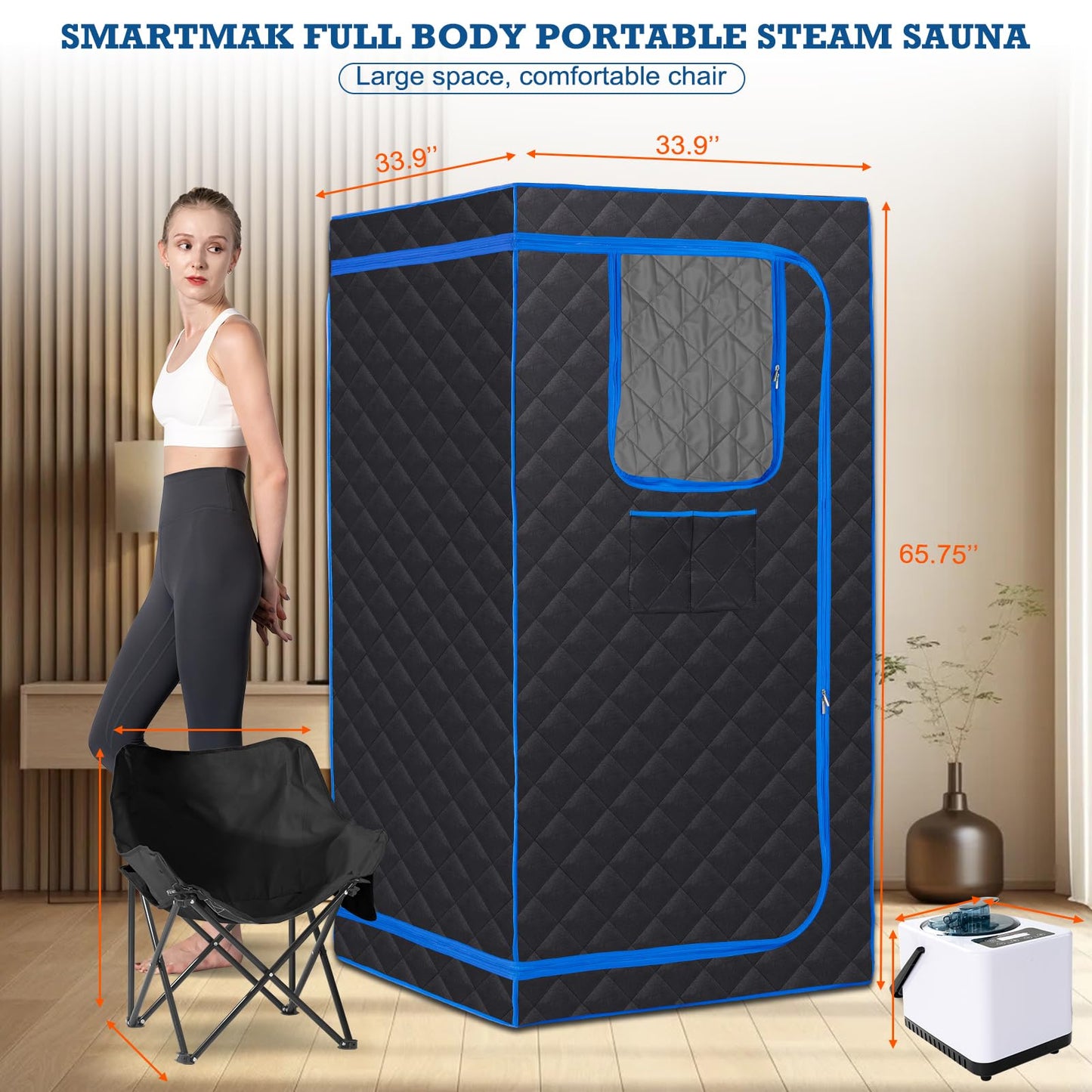 Smartmak Portable Steam Sauna, Full Body Sauna Tent for Home, 1 Person Steam Sauna Box with 660nm Red Light Therapy, 3L&1100W Sauna Steamer, Folding Chair