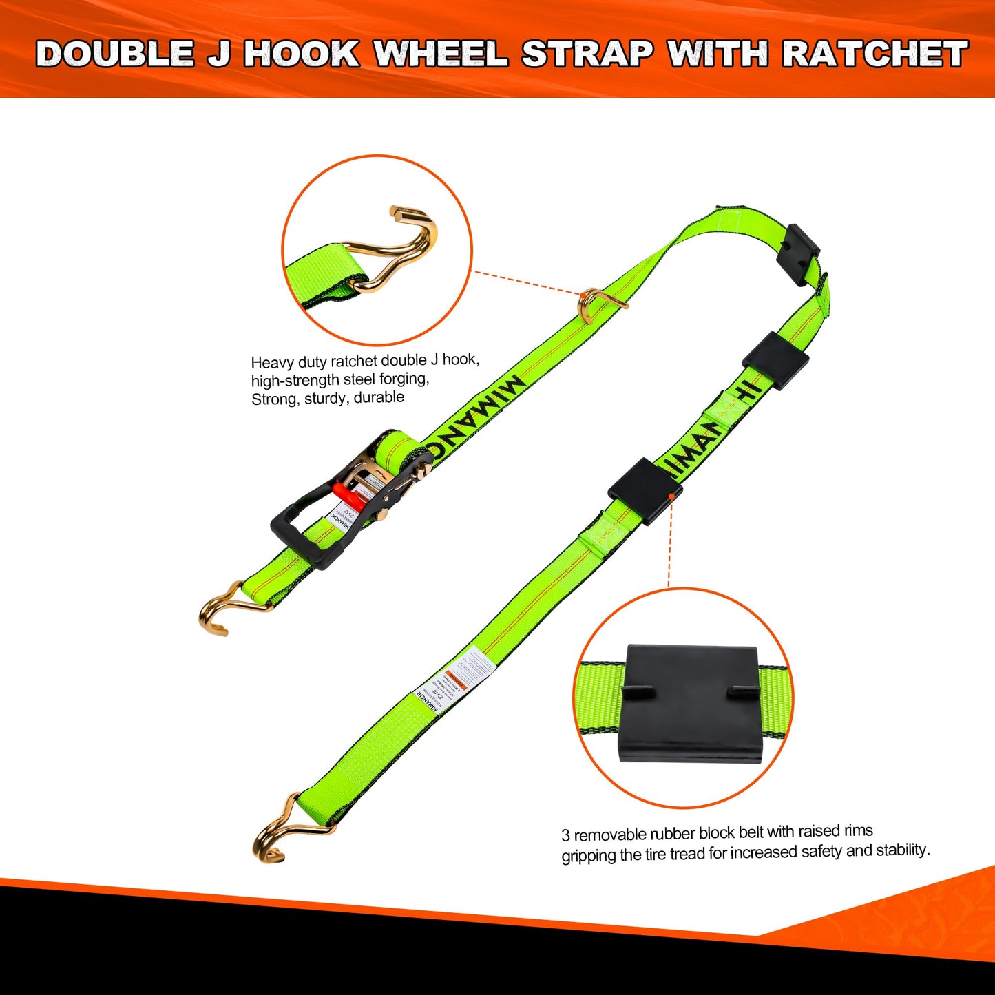 MIMANCHI 2" x 10' Tire Tie Down Straps Over The Wheel Ratchet,8PCS,Heavy Duty Vehicle Tie Down Kit,Auto Hauler Straps for Trailer w/ 3 Wire J Hooks and Rubber Blocks,Wheel Strap for Hauling Cars