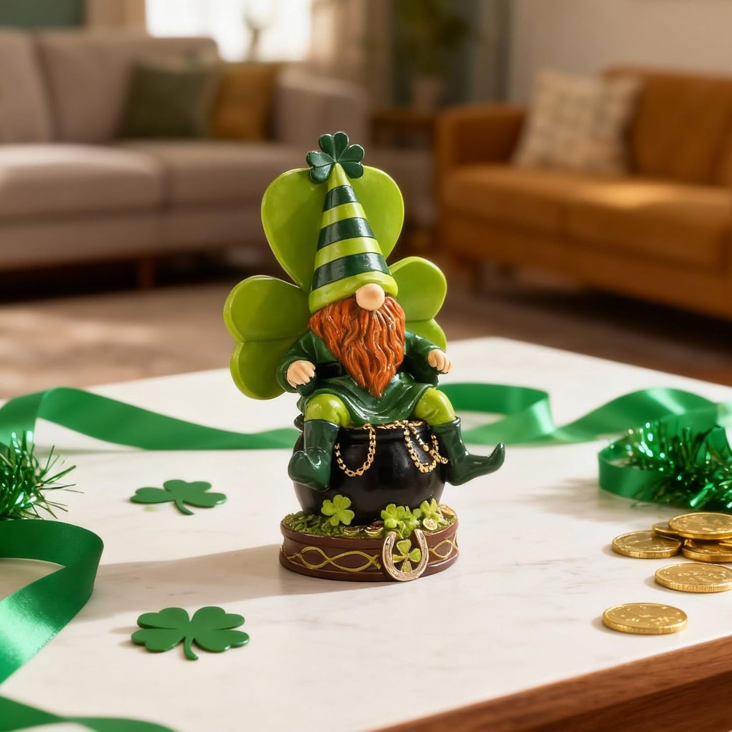 Skiennix St. Patrick's Day Gnomes - Resin Leprechaun Pot of Gold Figurines | Green Indoor Decor
