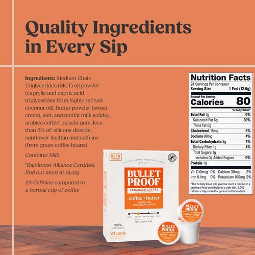 Bulletproof Coffee + Organic Grass-Fed Butter Single-Serve Pods, Keto Coffee, All-in-One Recipe with MCT Oil and Butter