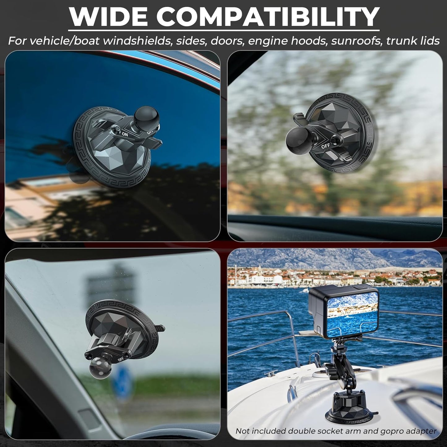 VAZESWIN 1" 3.5" 1" Insta360 Ball Twist-Lock Suction Cup Mount, Large Suction Cup Base for Vehicle Windshields