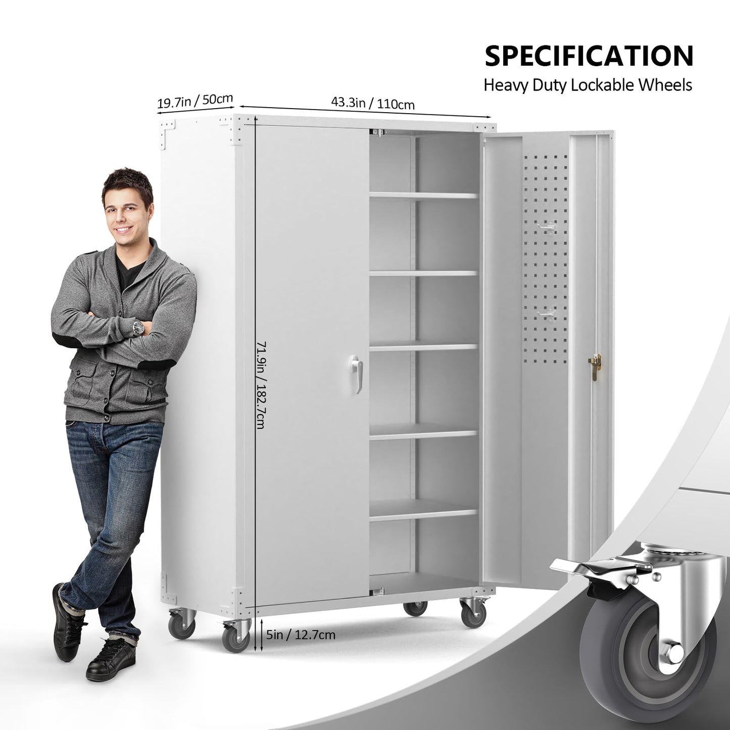 VINGLI Upgraded Wide & Deep Garage Storage Cabinet, Metal Storage Cabinet with Pegboards, Wheels, Locking Doors and Adjustable Shelves (Gray, 43''W x 20''D x 72''H)