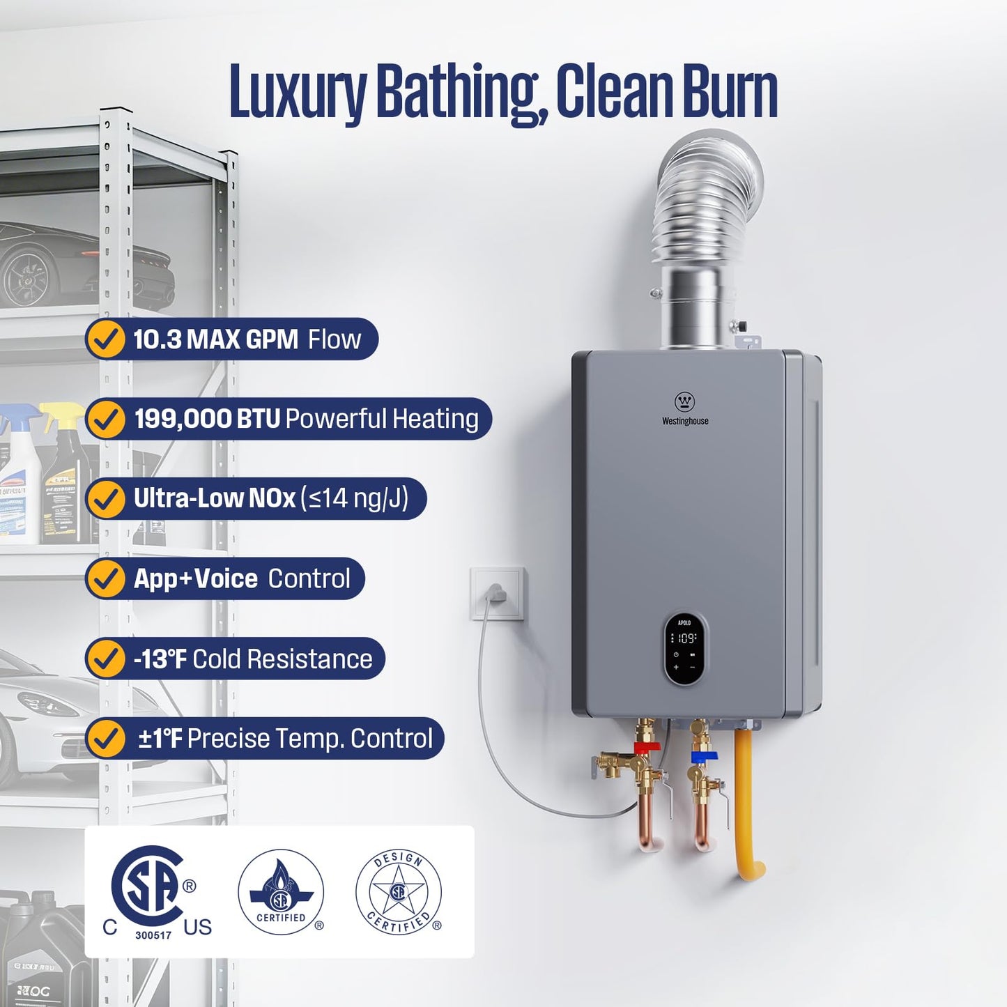 Westinghouse Smart Tankless Water Heater Natural Gas Indoor, 10.3 GPM 199,000 BTU Whole Home Instant Hot Water Heater, WiFi App & Voice Control, ±1°F Temp Stability for 4+ Bathrooms
