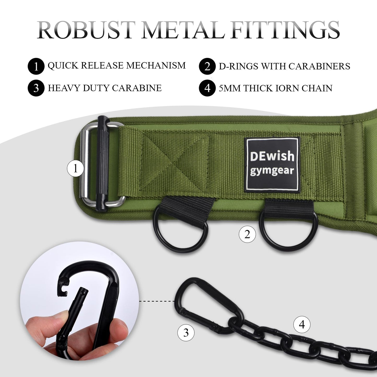 2-in-1 Weightlifting Belt & Dip Belt with 41 IN Steel Chain for Pull Up,Added Weight Training (Military Green, L(35"-39"))