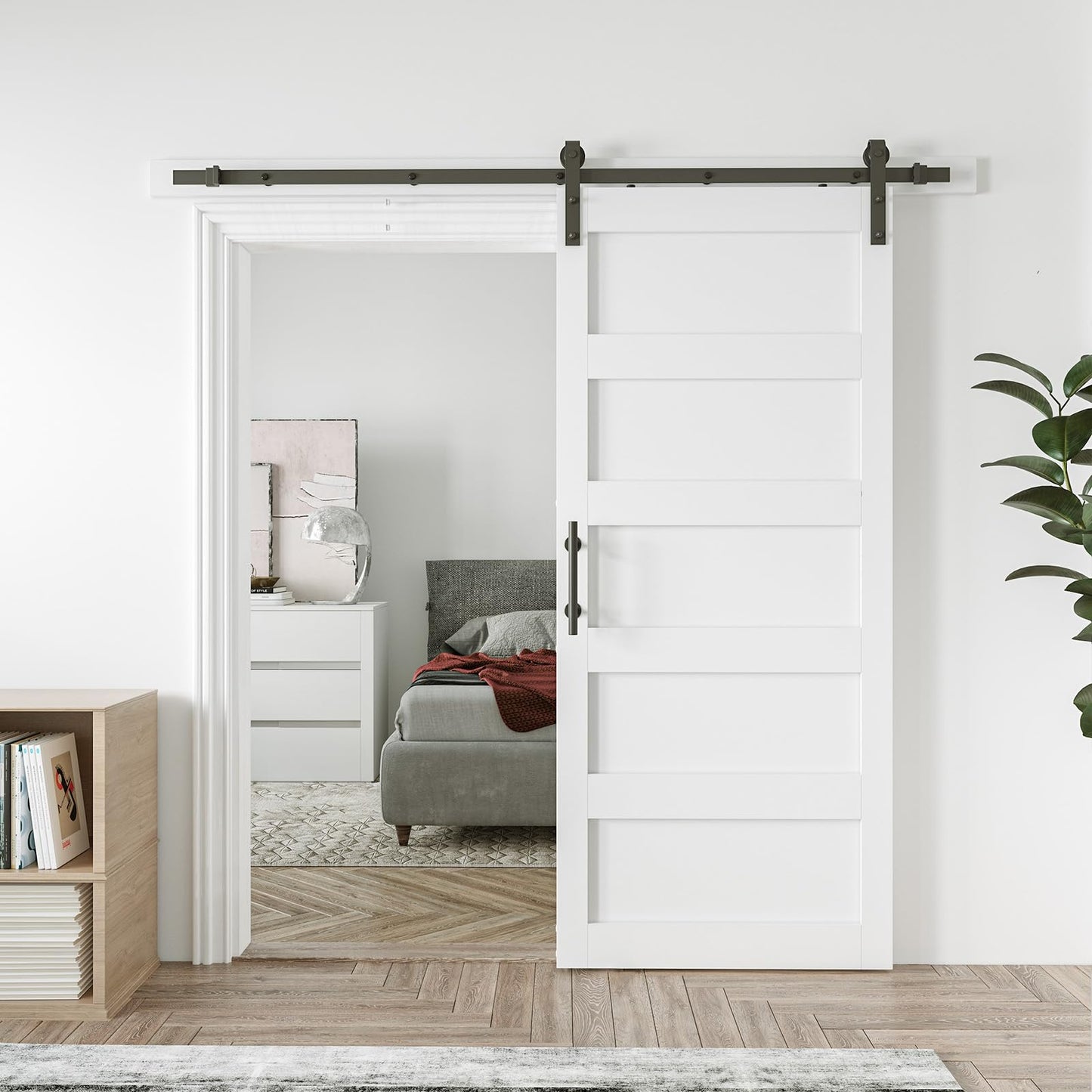 COSHOMER 42in x 84in Sliding Barn Door with 7ft Barn Door Hardware Kit & Handle, Pre-Drilled Holes Easy Assembly -Solid Barn Door Slab Covered with Water-Proof PVC Surface, White, 5 Panel