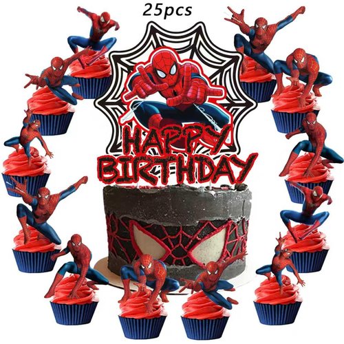 51PCS spidey birthday party supplies, backdrop, "Happy Birthday" banner,tablecloth, large aluminum balloon, small aluminum balloons, latex balloons, cake topper,cupcake toppers, hanging swirls