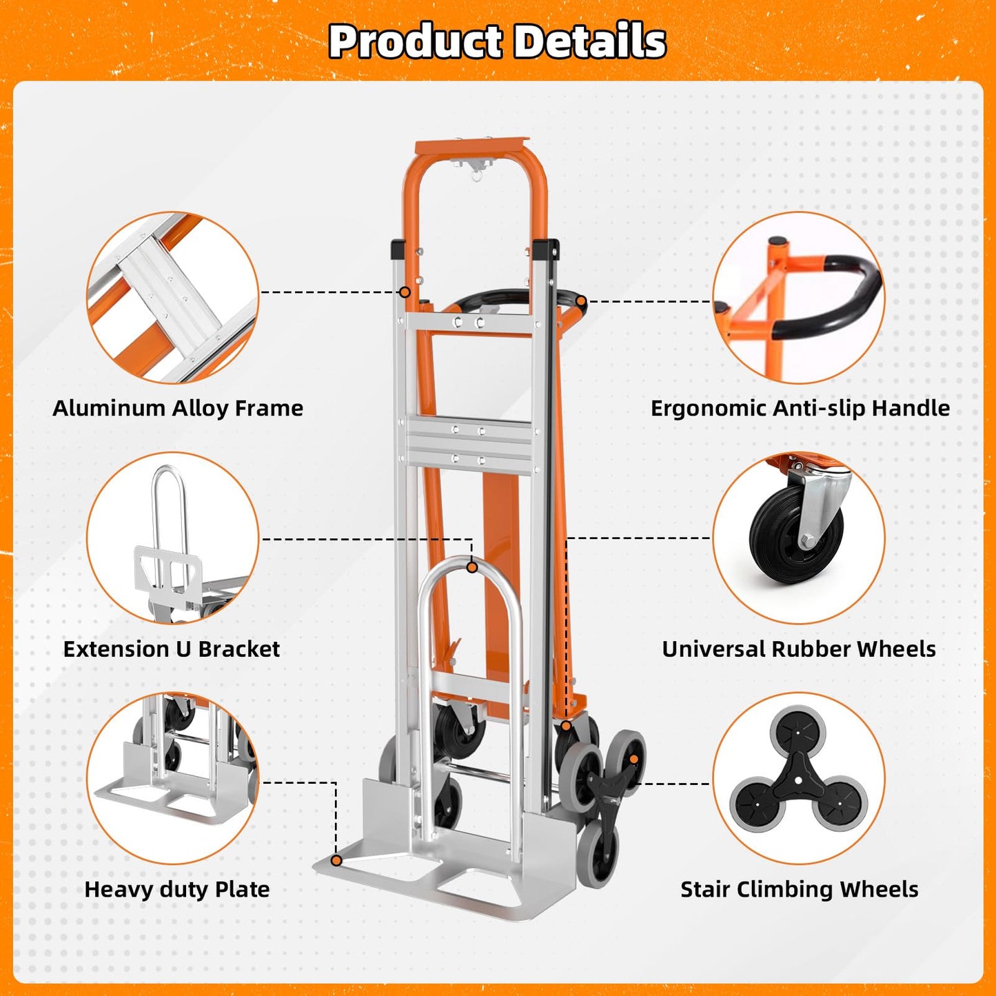 Aluminum 4 in 1 Convertible Hand Truck Dolly Cart with Wheels, 1000Lbs Capacity, Heavy Duty Stair Climbing Hand Trucks with Bungee Cord&Strap for Flat Ground & Stairs, Logistics, Home, Office, Orange