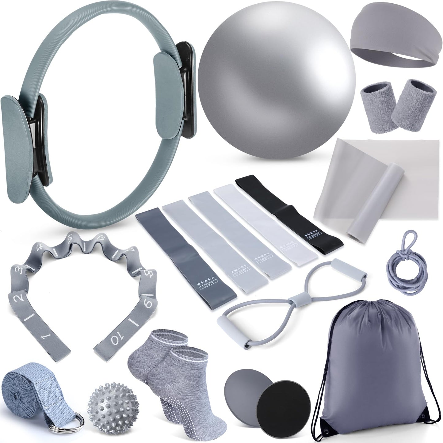Poen 18 Pcs Home Pilates Ball and Ring Circle Set Yoga Fitness Essentials Kit with 5 Resistance Band Stretching Strap Non Slip Sock Ball Core Slider Wristband Headband Gym Bag for Women(Gray)
